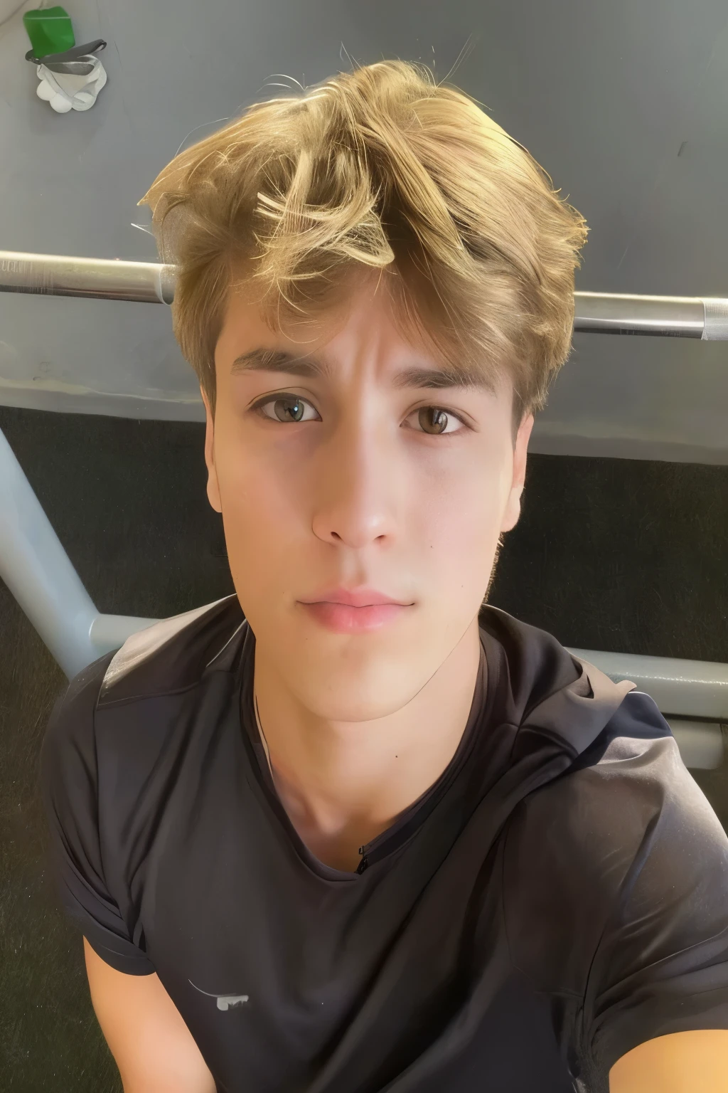 Un joven arafed sentado en un banco con un donut en la mano., foto de perfil en la cabeza, tommy , taken in the early 2020s, contraction serpentine / jugador ludwig, 18 years, haciendo ejercicio, Connor Hibbs, dylan col, joel fletcher, looking defiantly at the camera, en un gimnasio, 16 years old