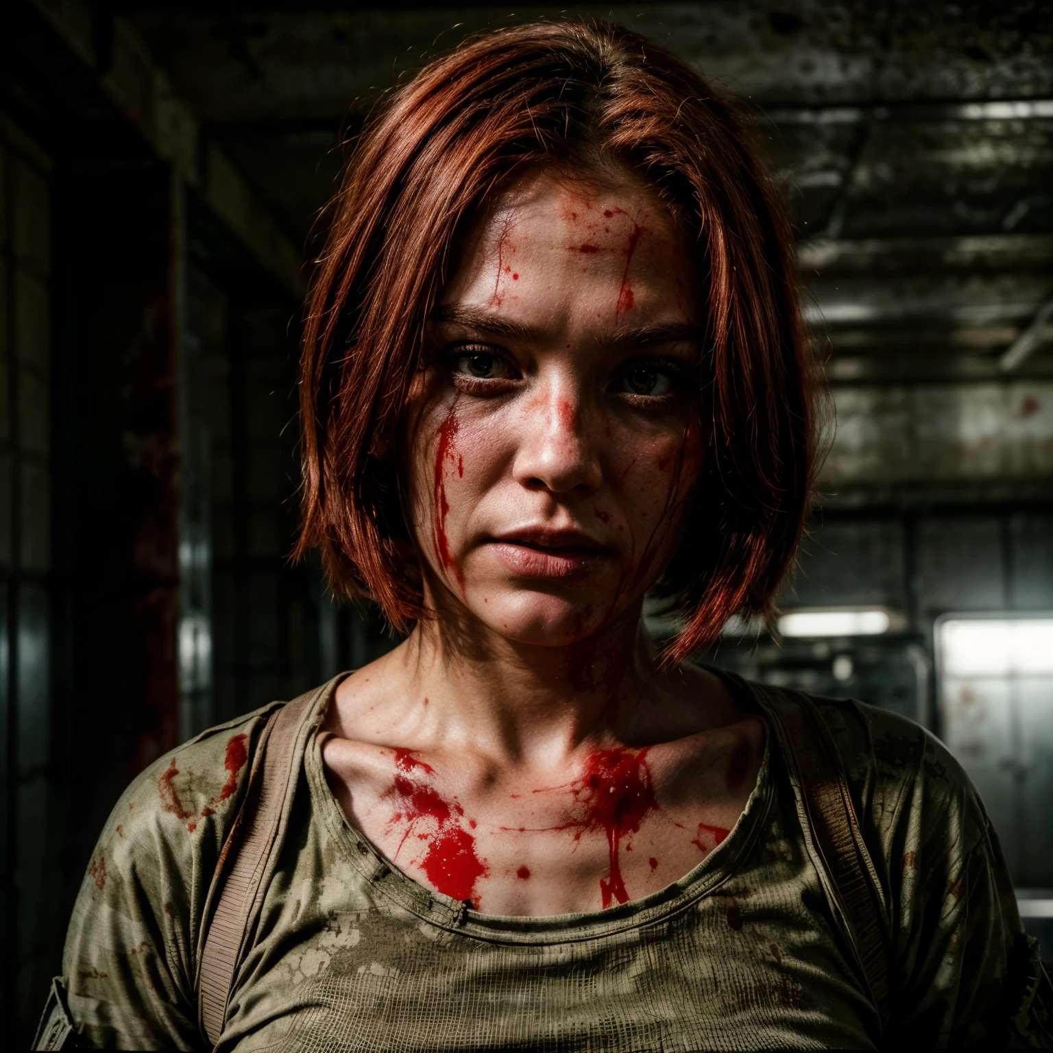 A military Beautiful girl in her 30s with red hair and a face full of blood, in a post apoca zombie world