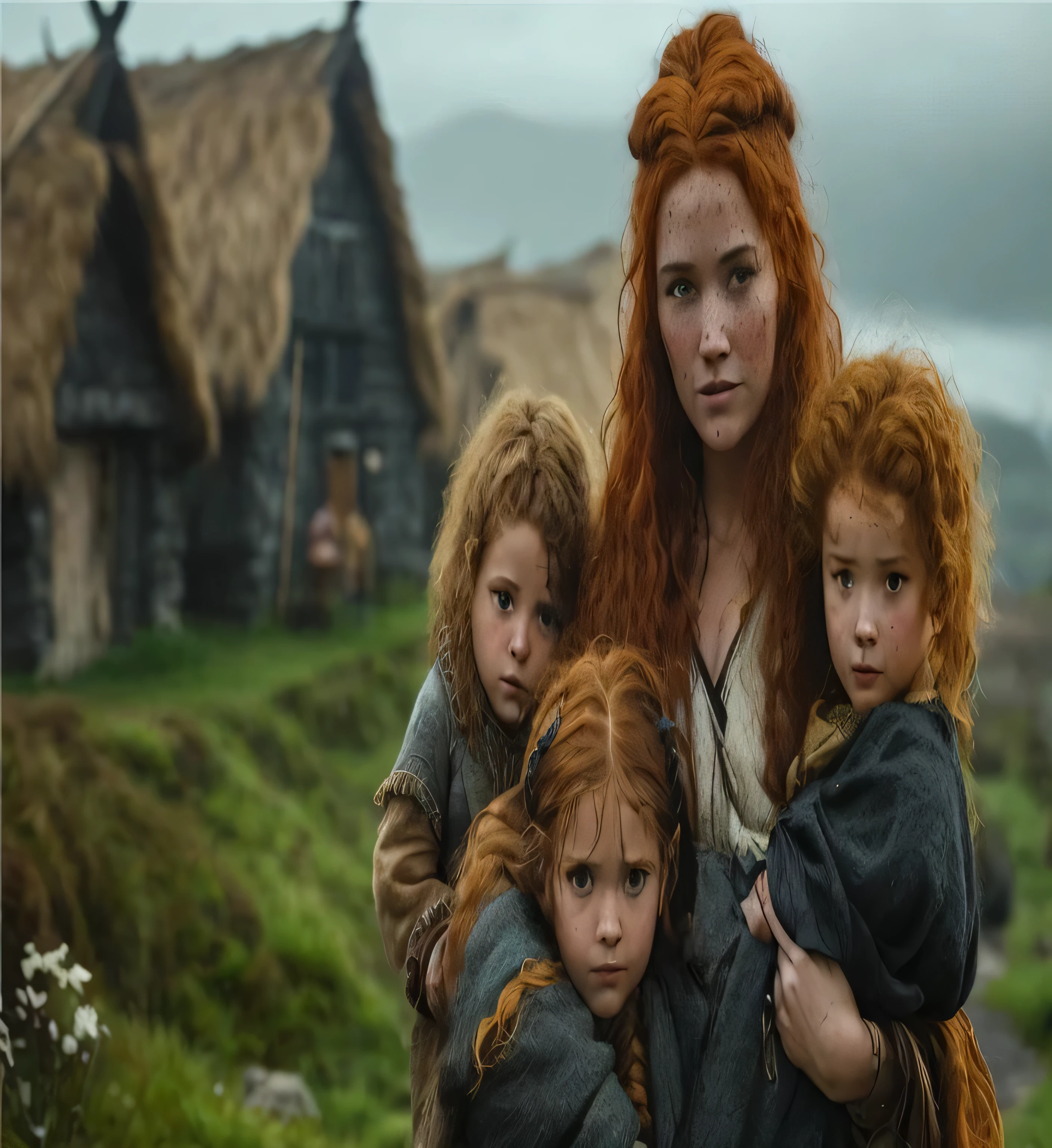 there are three girls who are together in front of a house, Ainda do filme A Chegada, ainda de um filme live-action, cena do filme live-action, Cultura Viking, Celtic Norse Frankish, ela tem cabelo ruivo, filme live-action, filme de fantasia ainda, epic tale of the twin sisters, VIQUINGUES, mother of wizards, Shallan Davar, Pregnant feudal woman with beautiful red hair holding two children on her lap, one on each arm. A third is standing and appears to be ten years old. uma casa com telhado de palha ao redor do mundo