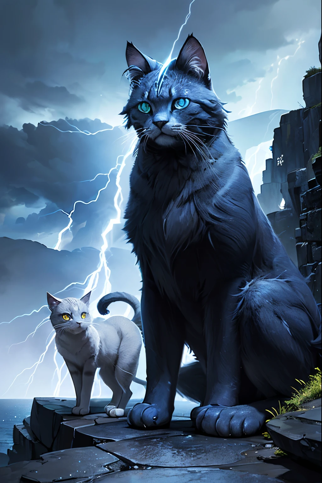 digital illustration:
have sharp blue eyes、A majestic cat that shoots lightning,
((mythical lightning cat)),_
((unique creatures: Cat emitting thunder))_,
(Standing on a rocky cliff overlooking a stormy sea_,),
(Bravely resisting the raging elements_,)_
(Has a fiery mane and electric fur_,)_
((realistic, be familiar with, Hyper-realistic, very detailed, ultra high resolution,_)),
(dynamic lighting, Bright colors, and intricate textures_,)_
(_ticker:1.2