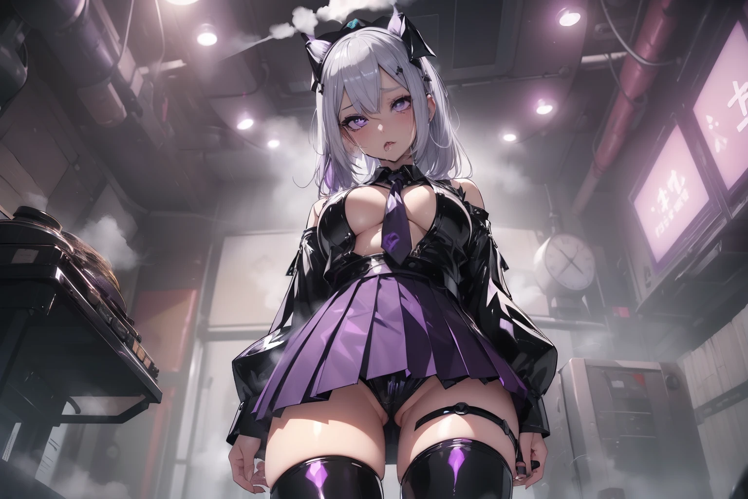 (5 ガール:1.8), (underboob:1.8、((from below:1.2))、standing with legs apart、 1 cute girl, highest quality、ウルトラ - High resolution、High resolution、Detailed CG、8k unit wallpaper、20-year-old、beautiful and detailed eyes,platinum blonde hair、ランダムな髪型、(((Black and purple super shiny latex panties)))、((( black skin , Shirt with tie , cropped shirt , pleated skirt , cleavage ,オイル肌)))、(shiny body,:1.5)、 please be shy、(Ahegao:1.5)、(Stick out your tongue and drool)、full of embarrassment、セクシーなポーズ、((steam))