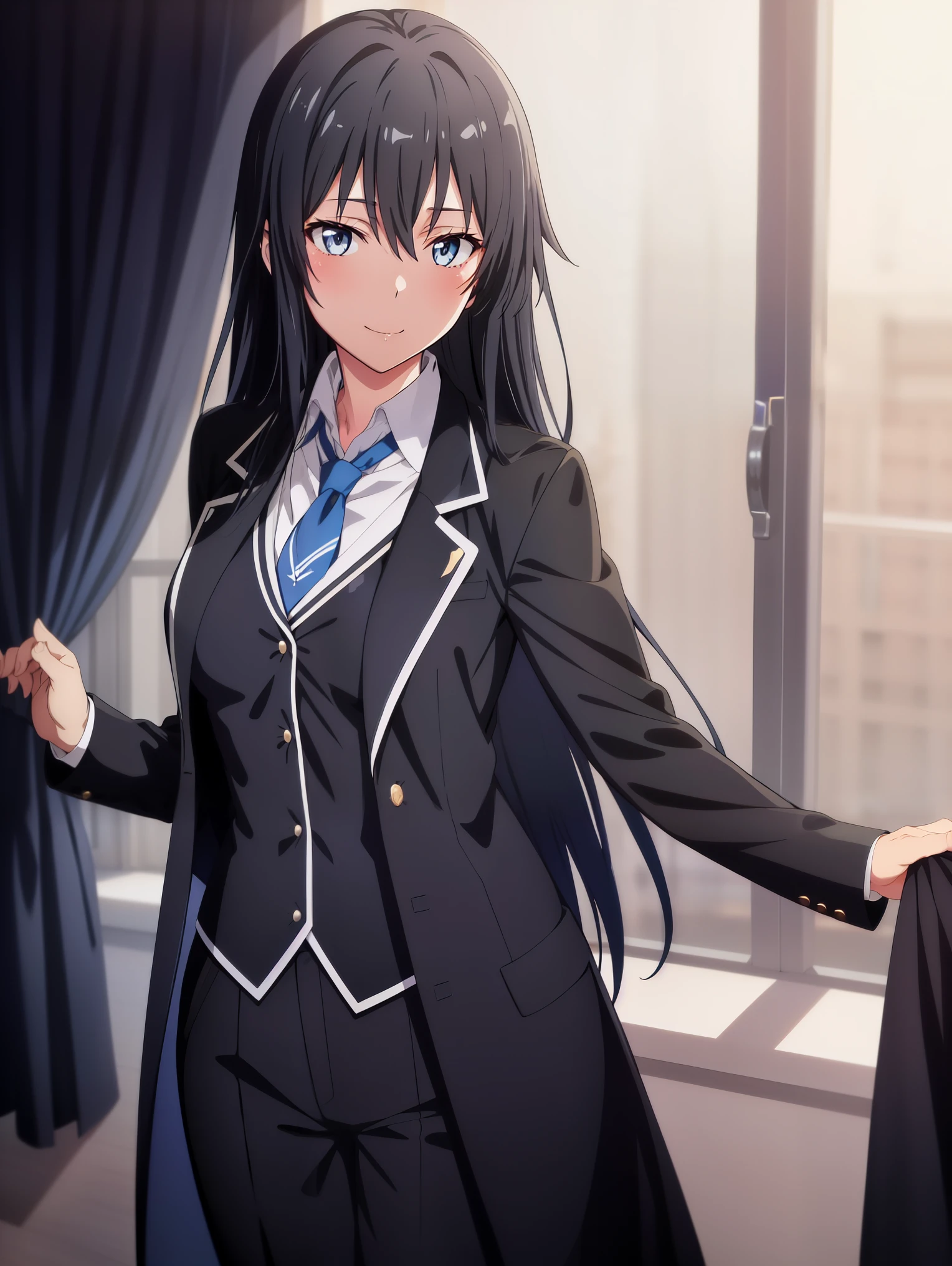 Yukinoshita Yukino ,A woman wearing a formal, attractive coat stands in a large gap in the room , 1girl, Single, blue necktie, Black hair, Blue eyes, long hair, He smiles , Collared shirt, White pants, White shirt , Elegantly designed coat , Stand in front of the window ,Perfectly tailored tailcoat. It has a stunning Victorian design and is made of lustrous fabric
