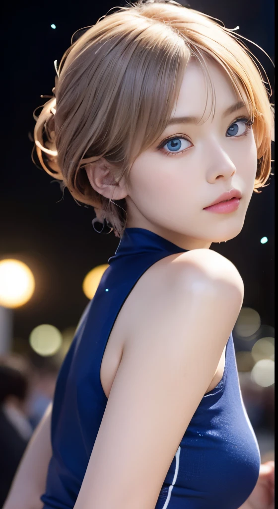 (masutepiece, Best Quality:1.5), (Blue-violet theme:1.2), (fine lines, Particle:1.6), Upper body, 8K, absurderes, tight outfit, close up of face, thighs thighs thighs thighs, Delicate girl, Violet crop top, Sleeveless, Violet skirt, Cinch West, From below, arching back down, Shiny skin, (Colossal tits, Standing, Looking at Viewer, zora々Right, Teen, Pixie Short Hairstyles, Cream yellow hair, shorth hair, Black skin, digital anime:0.8), (Edge lighting, highest details, ighly detailed, ultra-detailliert, finely detail:0.8), [:Detailed face and eyes:10], (Lesh pink eyes:1.2), Simple background, (City at night with a dull bluish tint:1.5), (a sultry:1.6), Race Queen, Night Circuit, Racing Courses, Large crowds, Spectators, Fireworks Unreal Engine 5 Realistic Rendering, cosplayer, Random Posing, Race Queen、Uniform with logo、 Exquisite beauty、Beautiful face, Body shape of slim model, Colossal tits, shiny, wet shiny body, short white hair, dark brown skin, neons、Large crowds、audience、Forming an emperor、Drag racing、Midsommar Racing Circuit、racing car、Lower grade、crowd、spectators、