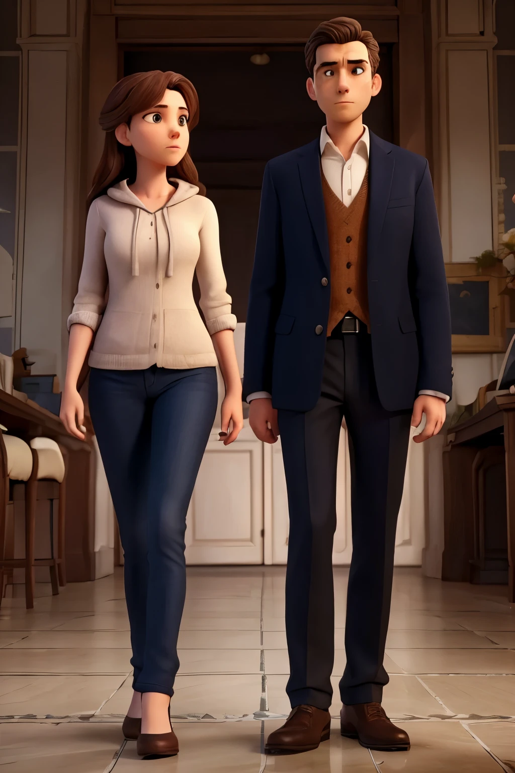 "Develop an image that portrays a man and a woman in a situation of doubt. They must have facial expressions and body postures that convey indecision and uncertainty. The man and woman can be looking at each other or at the horizon, demonstrating consideration and reflection on an important decision or choice they need to make. Clothes and environment must be neutral, so as not to influence the context of the doubt, which can be interpreted universally. The scene must be realistic and emotionally engaging, so in order to convey the ambiguity and perplexity of the situation in which they find themselves."