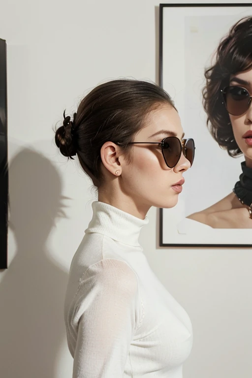 front profile half body Photography, in front of black wall, a punk 80's British model woman with 50's haircut, in a white turtleneck dress and large sunglasses, 80 degree view, art by Sergio Lopez , Natalie Shau, james jean and salvador dali