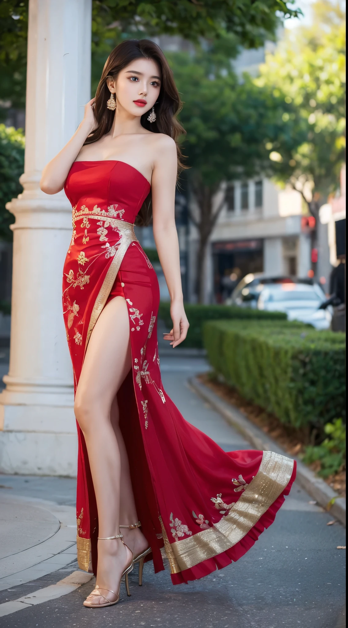 (full body shot:1.5), (Masterpiece:1.1), she is in standing position, 1girl, solo girl, 18 year old girl, ultra realistic face, hyperrealistic, hyperdetailed, (looking at viewers), sharpen, detailed face, detailed eyes, detailed lips, red lips, beautiful face, 16k, FHD, raw photo, pretty face mesh, chaubey face, girl in street roads, beautiful hair style, ((elegant flared frock, beautiful frock), embroidery luxury flared frock, strapless), intricate, extremely detailed, (perfect rounded breasts, perky ), scattering surface, ultra realistic texture, smooth skin, realistic face, red lip, glow face, very_high_resolution, perfect figure beautiful curved body, fit body, (elegant high heel), club hair ornament, beautiful girl in Indian outfits, ,1 girl,photorealistic,
