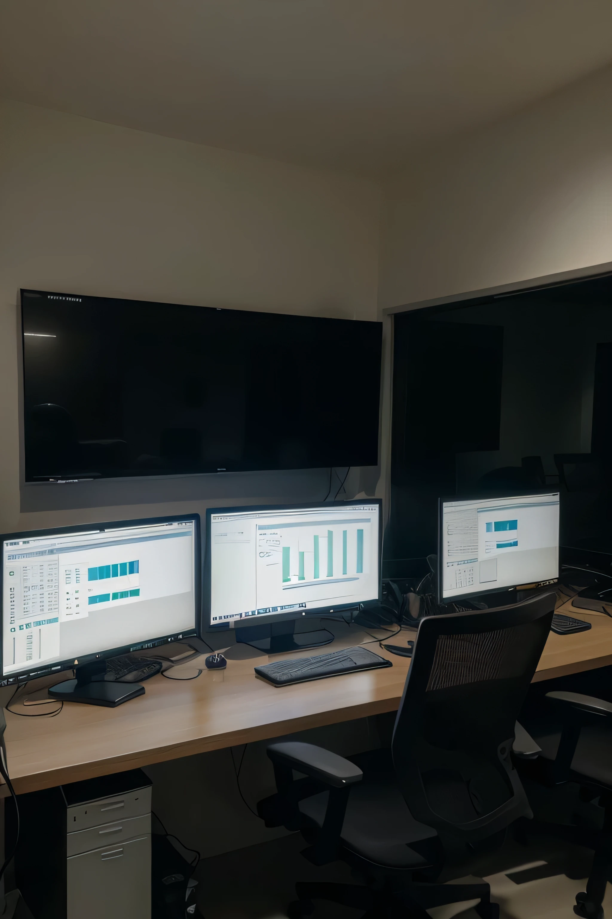 melhor qualidade, obra de arte, Super high resolution, Create an ultra-high-resolution, premium photo-like image of a compact Network Operations Center (Noite). Este ambiente profissional de pequena escala deve ser representado com um design minimalista, mas funcional, where two dedicated IT professionals are involved in monitoring activities on their workstations. Cada mesa deve estar equipada com equipamentos modernos essenciais, reflecting the focus and expertise required for network management. Behind them, two large screens are mounted on the wall, displaying a sophisticated range of network analytics and live performance graphs. Ambient lighting should be strategically cool and soft, casting subtle shadows that emphasize the quiet intensity of the space. The Noite should appear to be a simple yet efficient setup, with crisp details to highlight the cleanliness and simple design of the workplace. Enfatize o realismo em 1.5 times to capture the realistic essence of a functional, high-tech Noite, focusing on the authenticity of the work environment and the state of immersion of professionals within."