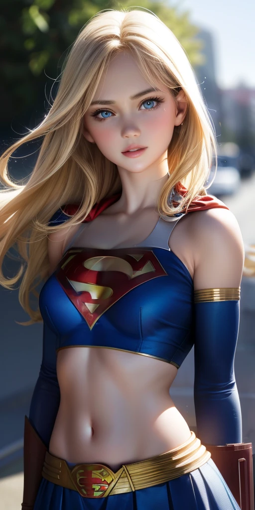 Realistic、1 girl、(super girl)、full body figure、boots、blonde hair、blue eyes、明るいblue eyes、cropped top、Chest pop、Nipple marks、mini skirt、Lips parted、blush、night、flower、sun、sunlight、Has the letter S for Superman on the chest。