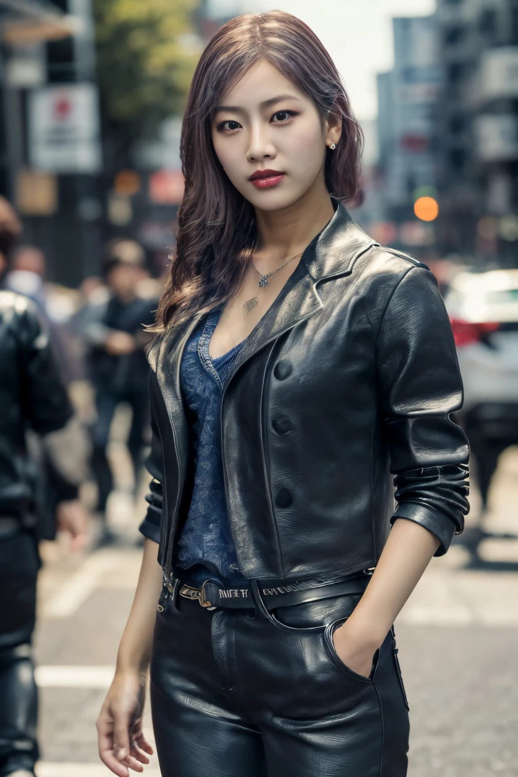 add_detail:1 (8k), (Highest Quality) (A masterpiece:1.2), (Realistic), (Photorealistic:1.3) Super detailed ((seong-hui)), 1 korean girl ((The highest possible quality)), ((out in the city)) (sharp-focus) (Motion blur, and depth of field composition), ((leather pants)), ((upper body focus))