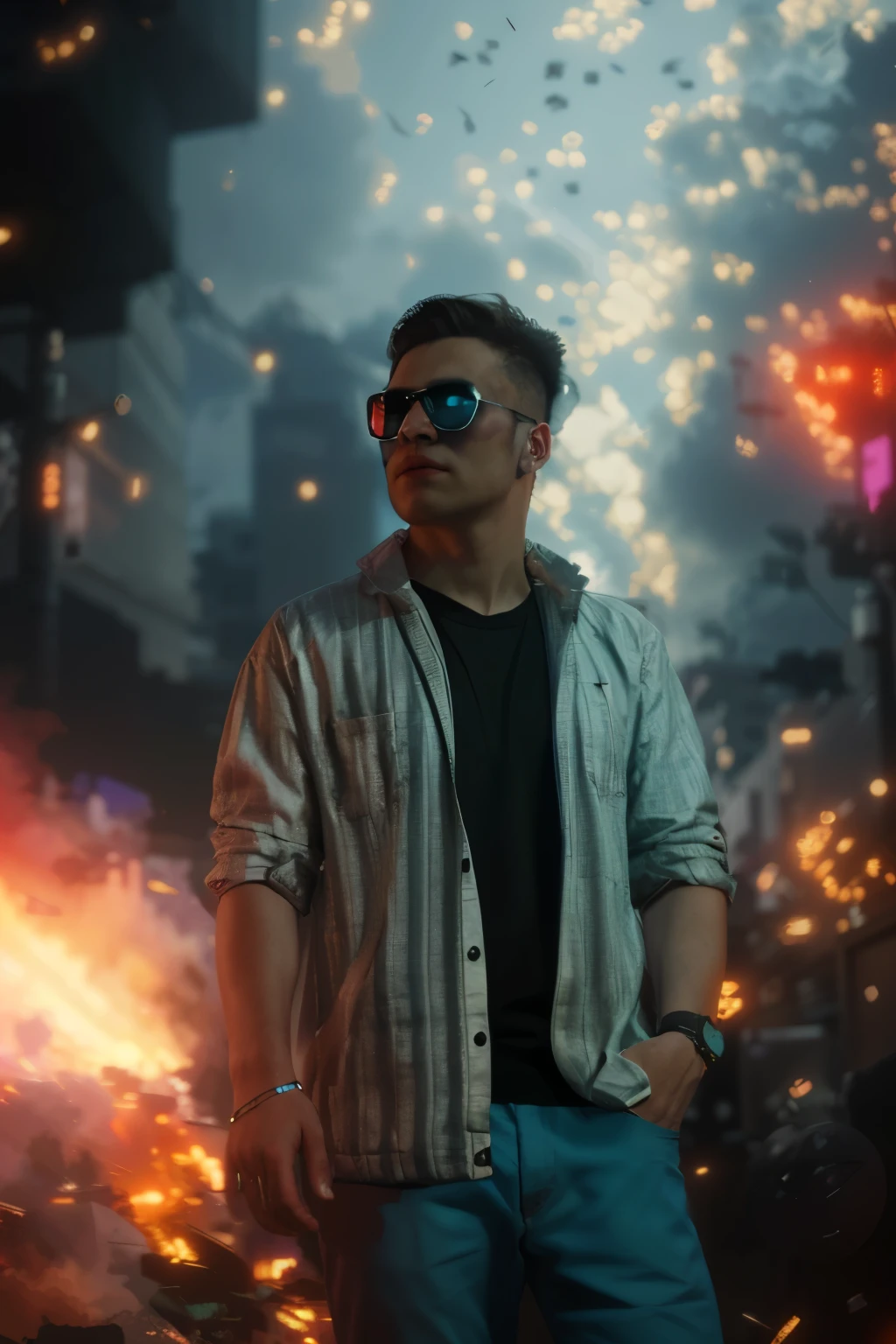 Change background, cyberpunk, handsome boy , realistic face