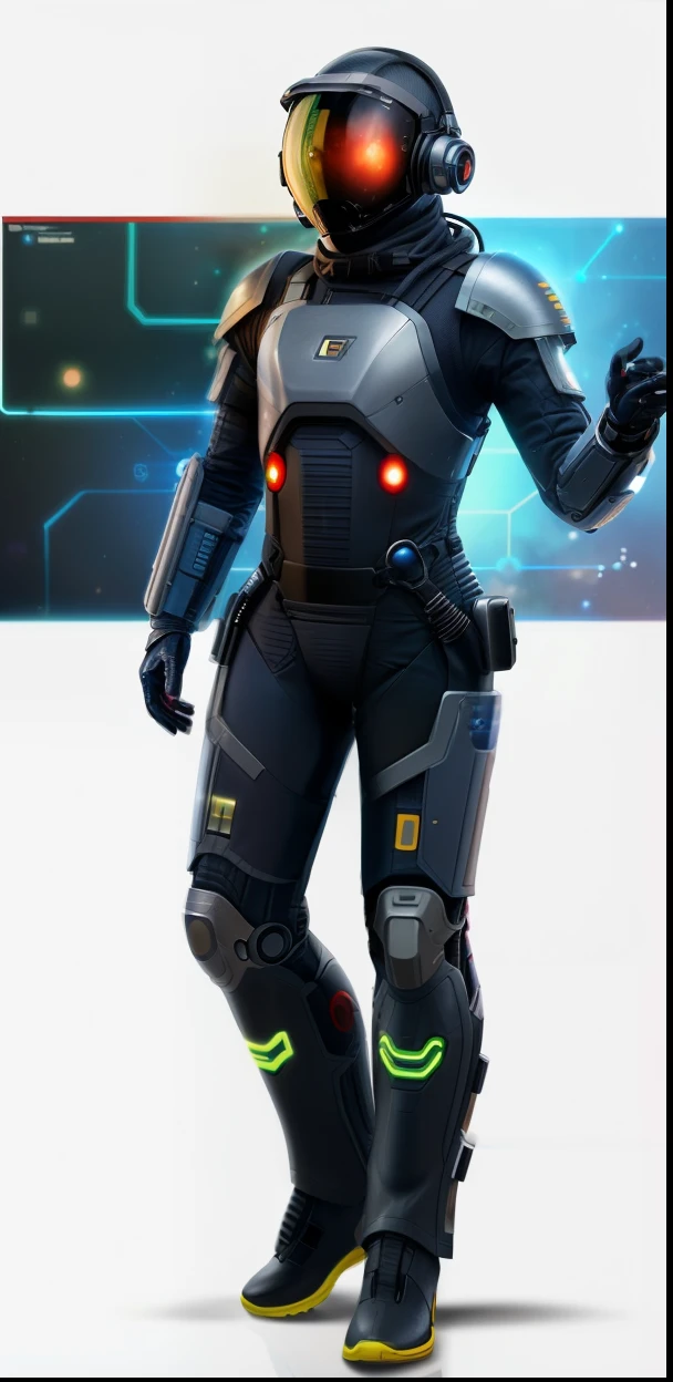 Desenho realista de um homem em um traje espacial com capacete e luvas, science fiction costume, personagem estelar, clothed in cyber armour, dressed in sci-fi military armor, science fiction suit, cyber suit, diverse cybersuits, Science fiction character, personagem scifi, Conceito de Science fiction character, full cybernetic combat suit, science fiction space suit, ultra realista