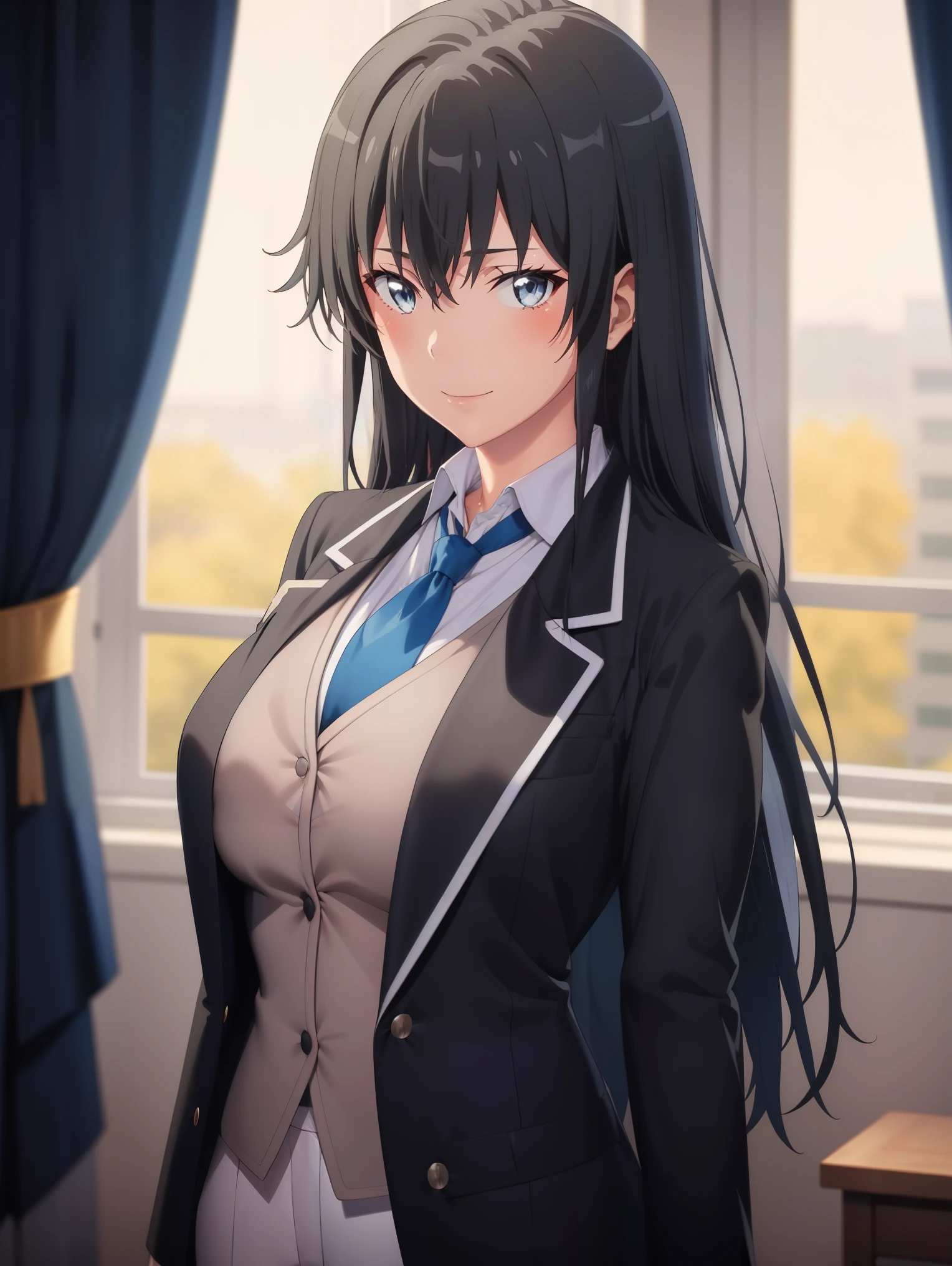 Yukinoshita Yukino ,A woman wearing a formal, attractive coat stands in a large gap in the room , 1girl, Single, blue necktie, Black hair, Blue eyes, long hair, He smiles , Collared shirt, White pants, White shirt , Elegantly designed coat , Stand in front of the window ,Perfectly tailored tailcoat. It has a stunning Victorian design and is made of lustrous fabric
