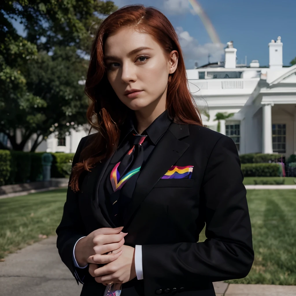 President, female, US president, red hair, black suit, white shirt underneath, black tie, the white house, rainbow pride flag, lgbtq flag, pride flag