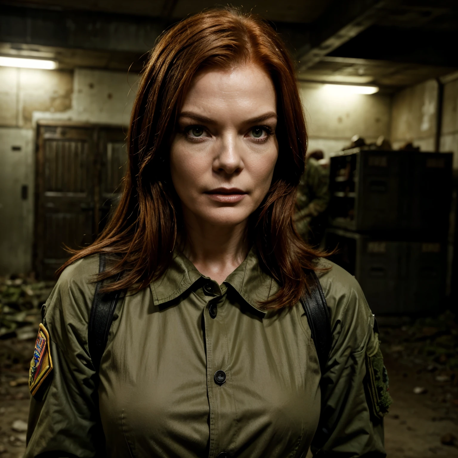  Marcia Cross , in a post apoca zombie world, Dressed as a military, portrait hd