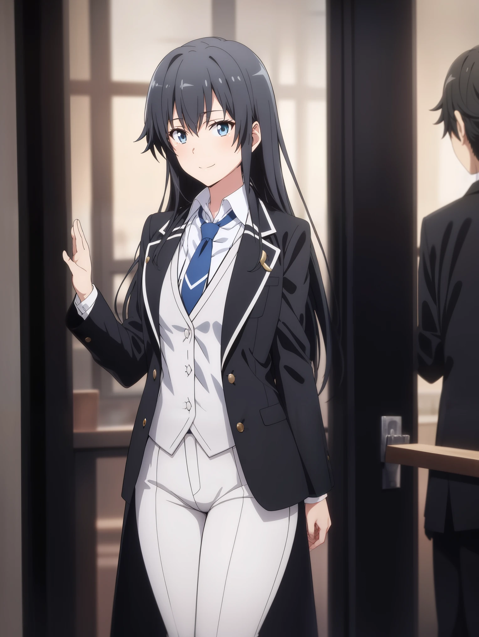 Yukinoshita Yukino ,A woman wearing a formal, attractive coat stands in a large gap in the room , 1girl, Single, blue necktie, Black hair, Blue eyes, long hair, He smiles , Collared shirt, White pants, White shirt , Elegantly designed coat , Stand in front of the window ,Perfectly tailored tailcoat. It has a stunning Victorian design and is made of lustrous fabric
