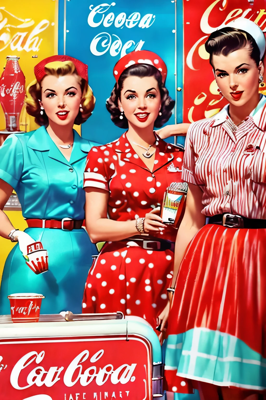 ((Vibrant and colorful 50s-themed billboards)), ((People of the 1950s: men and women)), ((Dressed in typical 50s attire)), ((Enjoying themselves at a soda fountain shop with friends)), ((Set design reminiscent of vintage soda shop interiors)), 50s cinematographic, ((High-definition and detailed images)), ((Retro-style billboard design)), 8k.