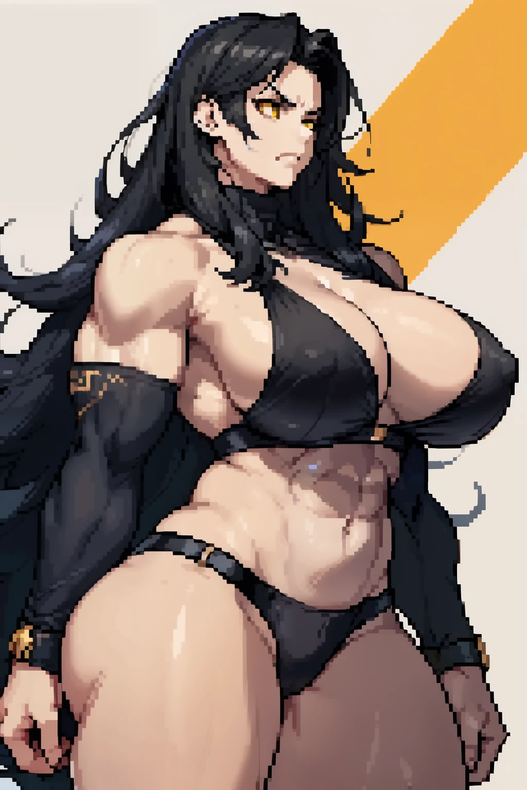 (1girl), black hair, extremely long hair, yellow eyes, ((((muscular)))), (huge breasts), (thick thighs), solo, angry, (pale skin), cowboy shot,