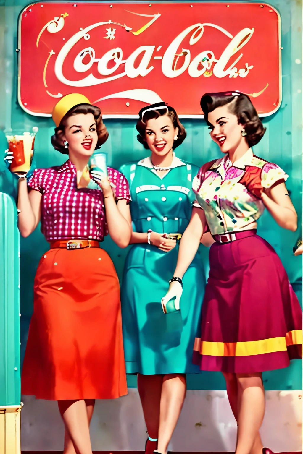 ((Vibrant and colorful 50s-themed billboards)), ((People of the 1950s: men and women)), ((Dressed in typical 50s attire)), ((Enjoying themselves at a soda fountain shop with friends)), ((Set design reminiscent of vintage soda shop interiors)), 50s cinematographic, ((High-definition and detailed images)), ((Retro-style billboard design)), 8k.