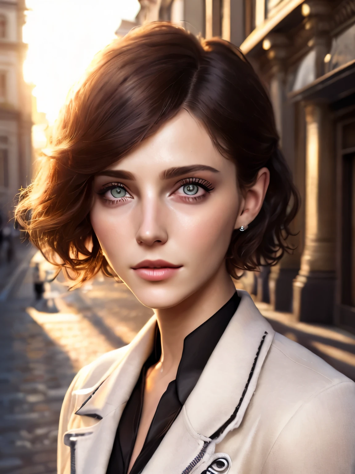 (masterpiece, best quality:1.3), cute woman with short hair, urban cityscape, morning, quiet and peaceful with soft morning light, playing of light rays and shadows, fantasy, intricate, elegant, trending on artstation, concept art, soft focus, cinematic lighting, extremely detailed, Insanely detailed, rich colors, cinematic, detailed beautiful eyes and perfect face, depth of field, bokeh, 16k best quality