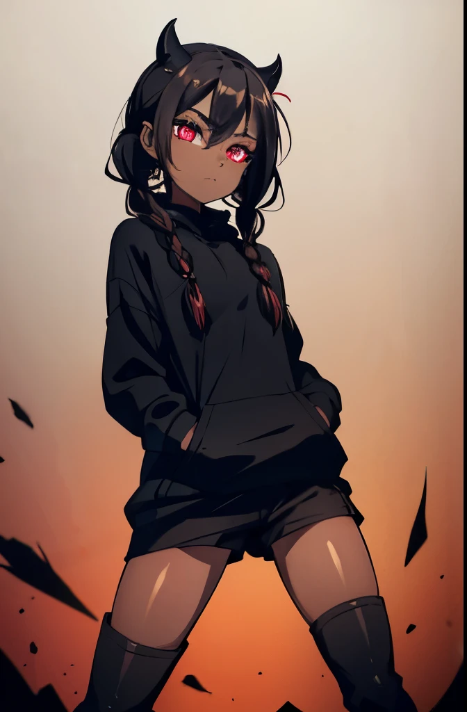 best quality, expressive eyes, perfect face, ((brown skin color, brown skin)), small shorts, black leggings, black goth boots, sleek legs, black hoodie, black hair, pigtail braids, messy hair, glowing eyes, red eyes, side glance, hands in pockets, gothic sweater, goth, demon, demonic, demon-like features, beautiful face, crazed eyes, Yandere, insane, dangerous looking, skewed camera angle