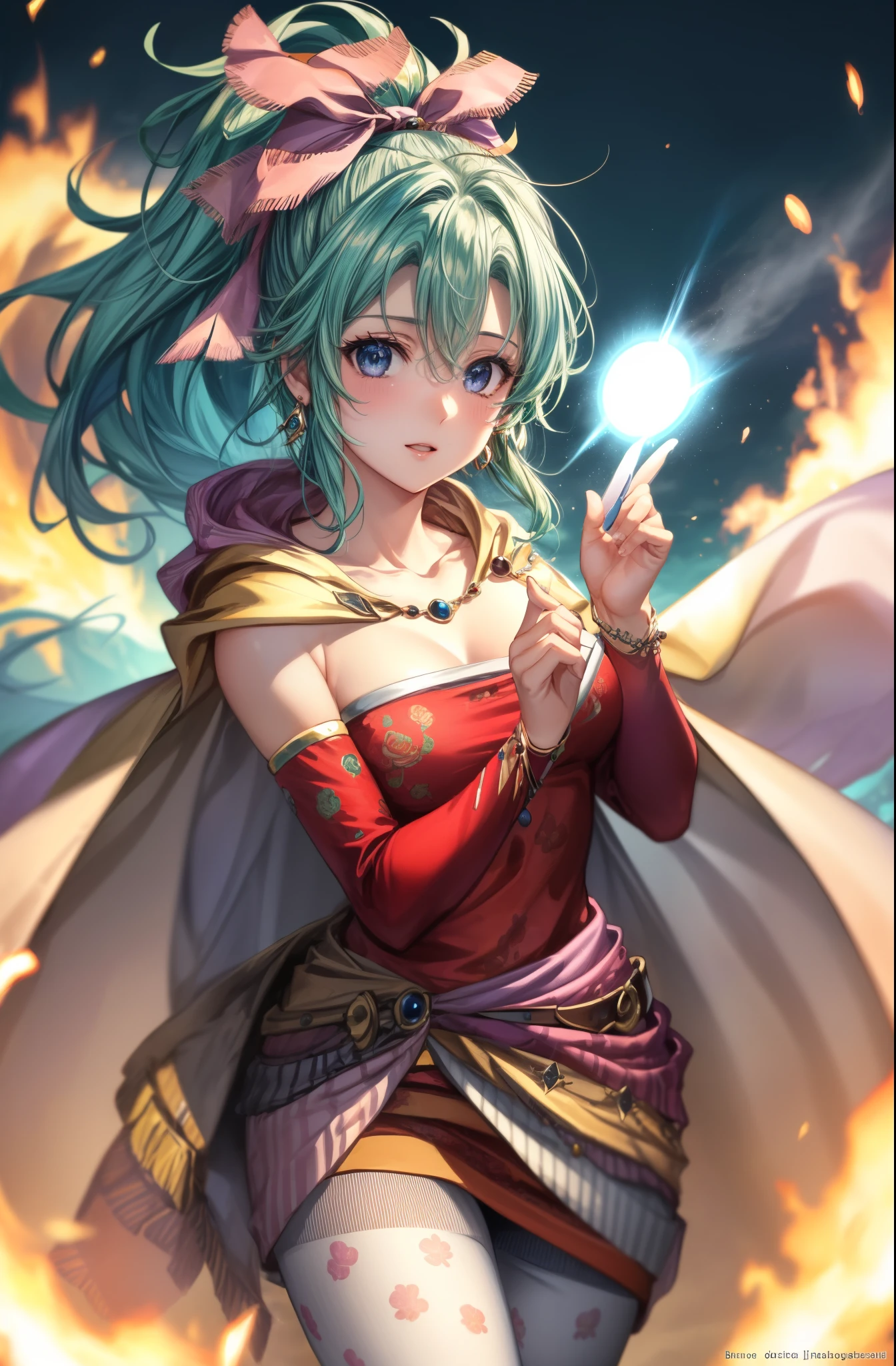 master piece, best quality, 8k, ultra high resolution, highest quality, anime style, best writing, beautiful face, masterpiece, highest quality, Tina Branford, green hair, cape, earrings, red dress, removed sleeve, hair ribbon, clothes around the waist, print legwear, Raise your hands, looking at the viewer, closed mouth, (Beautiful effects:1.3), (Fantastic effects:1.3), (light vortex effect:1.3), cowboy shot