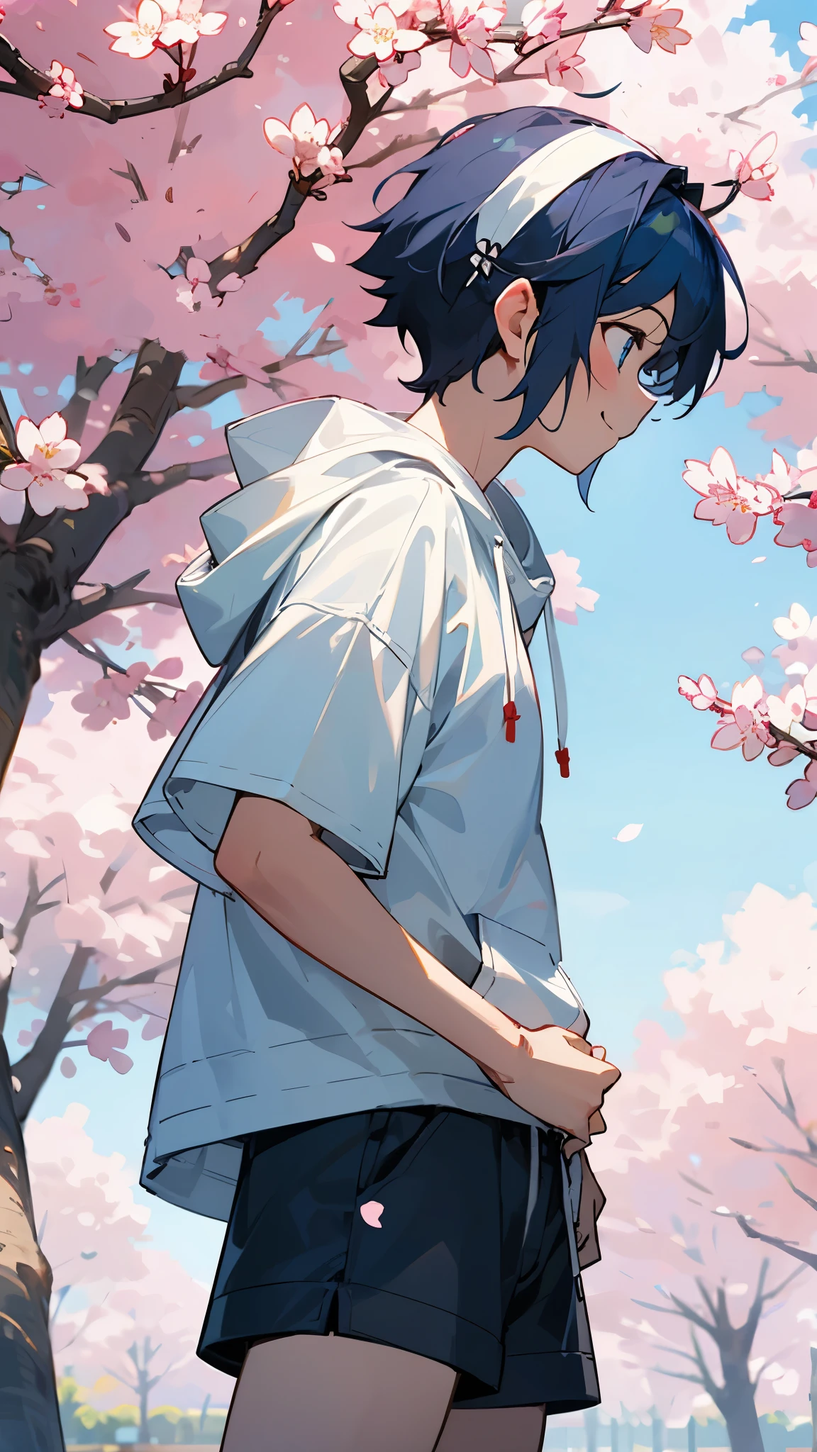 girl、Hair as short as a boy、dark blue hair、white headband、profile、smile、wearing a white hoodie、white t-shirt、cowboy shot、shorts、Cherry blossom street tree background
