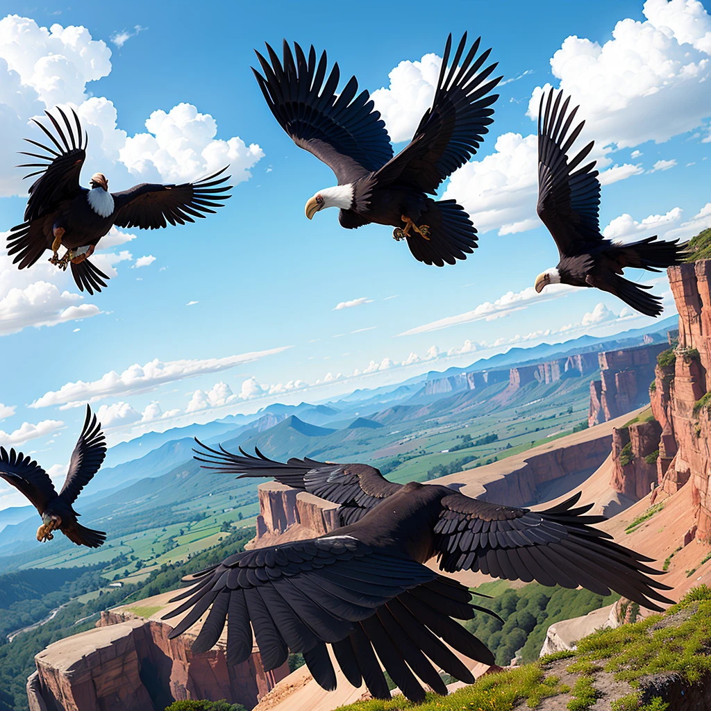 Five majestic condors in a graceful circular formation, sweeping the vast grassland below with their powerful wings, the angle capturing the scene from a humble ground-level perspective. The blue sky serves as the serene backdrop, punctuated by the occasional fluffy clouds. This stunning photograph, showcasing the condors in their natural environment, is rendered in the highest image quality, with 4K resolution and meticulous attention to detail, resulting in a breathtaking masterpiece. The vibrant plumage of the condors stands out vividly against the open sky, their immense wingspan captured in intricate detail. Each feather, each subtle curve and contour, expertly rendered for the viewers