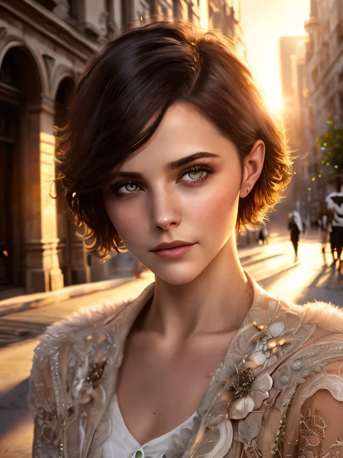 (masterpiece, best quality:1.3), cute woman with short hair, urban cityscape, morning, quiet and peaceful with soft morning light, playing of sun rays and shadows, fantasy, intricate, elegant, trending on artstation, concept art, soft focus, cinematic lighting, extremely detailed, Insanely detailed, rich colors, cinematic, detailed beautiful eyes and perfect face, depth of field, bokeh, 16k best quality