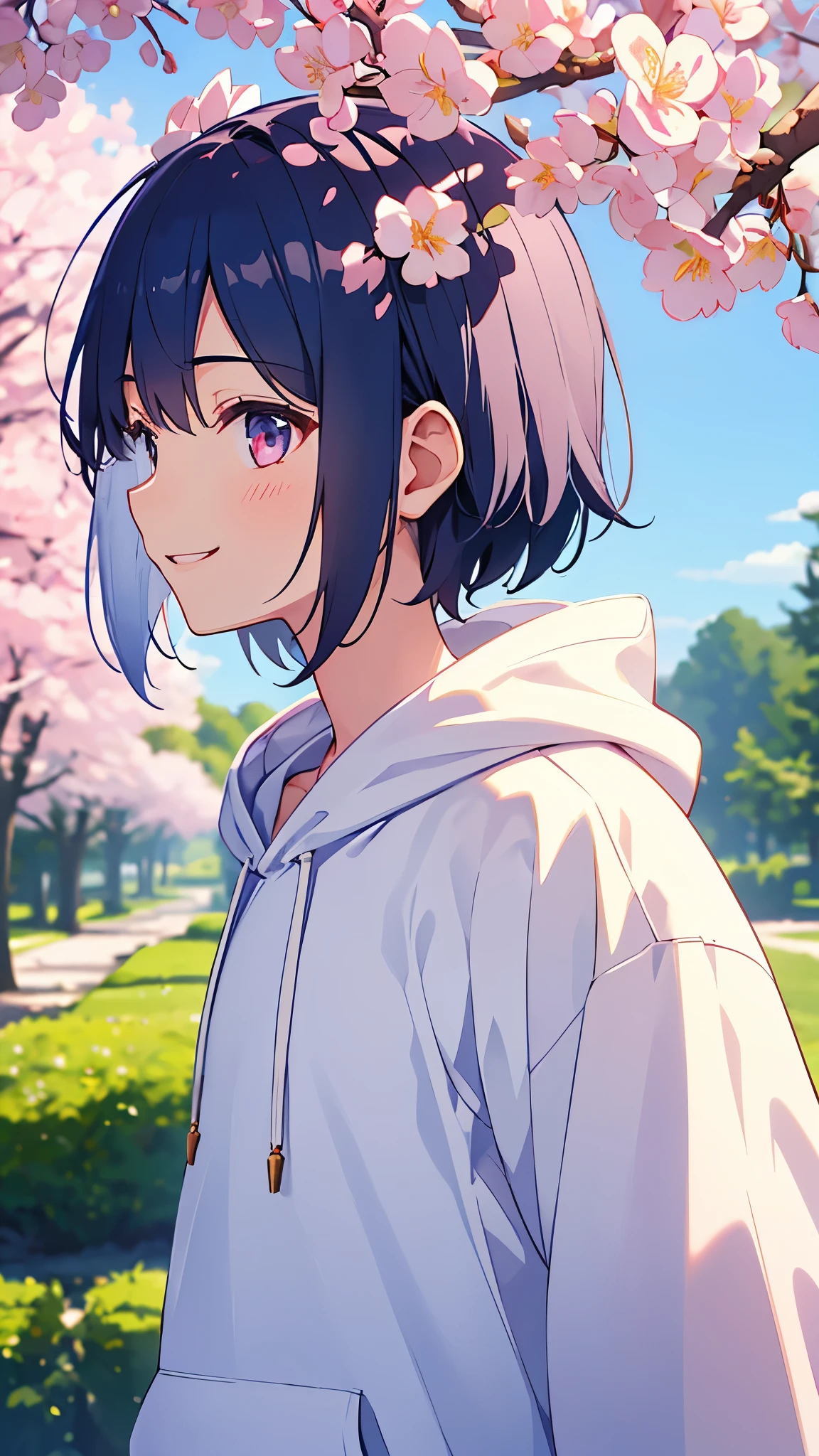 girl、Hair as short as a boy、dark blue hair、white headband、profile、smile、wearing a white hoodie、white t-shirt、upper body close-up、shorts、Cherry blossom street tree background
