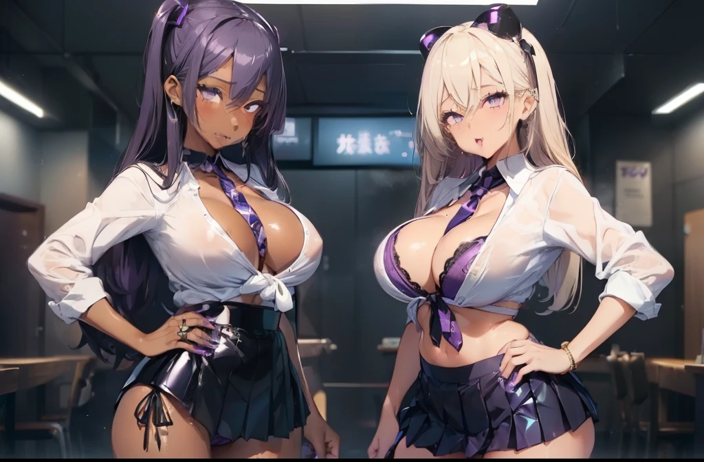 (3 ガール:1.8)、standing with legs apart、 1 cute girl, highest quality、ウルトラ - High resolution、High resolution、Detailed CG、8k unit wallpaper、20-year-old、beautiful and detailed eyes,platinum blonde hair、ランダムな髪型、(((Black and purple super shiny latex panties)))、((( black skin , Shirt with tie , cropped shirt , pleated skirt , cleavage ,オイル肌)))、(shiny body,:1.5)、 please be shy、(Ahegao:1.5)、(Stick out your tongue and drool)、full of embarrassment、セクシーなポーズ、((steam))