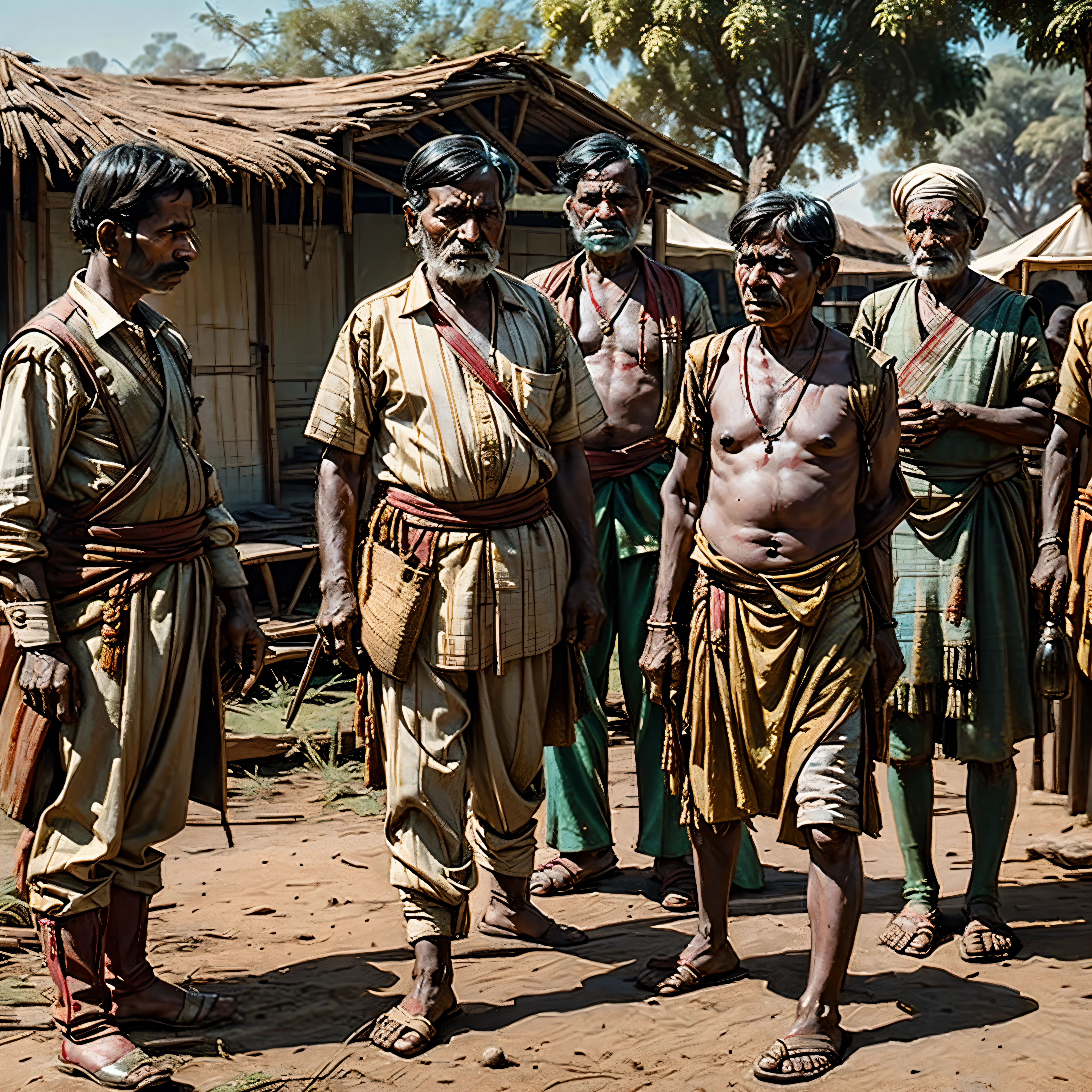 A man guards his family from the cannibals during the Madras famine of 1877 at the time of British Raj, India.