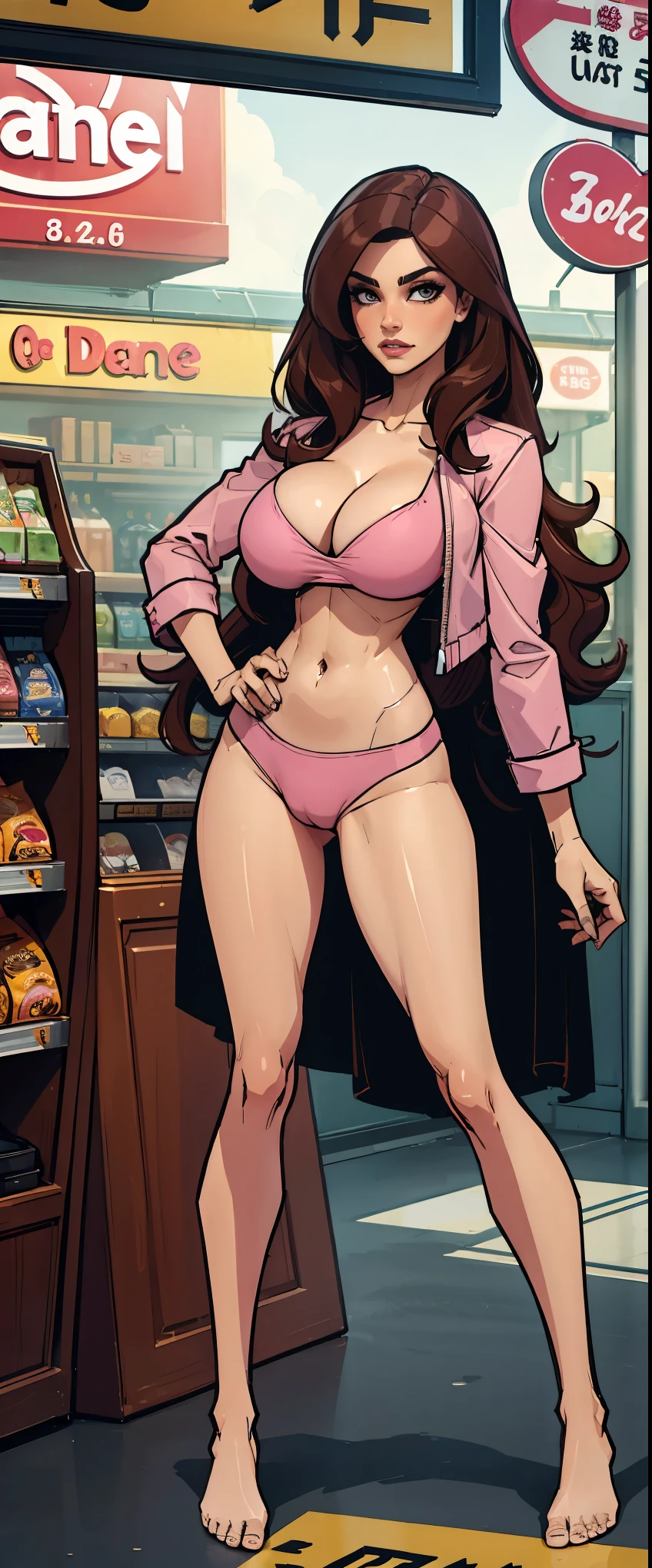 1 woman, wavy brown hair, conjunctivitis, sly face , beam , bare chest , Pink panties , abdomen, big , Long legs , stand on your hips... , Barefoot , Convenience store ·