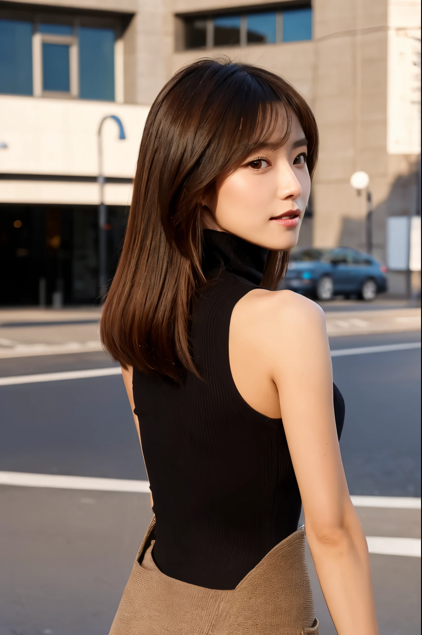((top-quality, in 8K, masterpiece:1.3)), Beautiful Japanese woman, perfect body:1.4, Slim abs:1.2, ((Medium Hair, straight haired:1.2)), (turtle neck:1.1), (a street:1.2), wetbody:1.5, Three-dimensional texture, A detailed eye, Brown hair, Very shiny hair, posterior view
