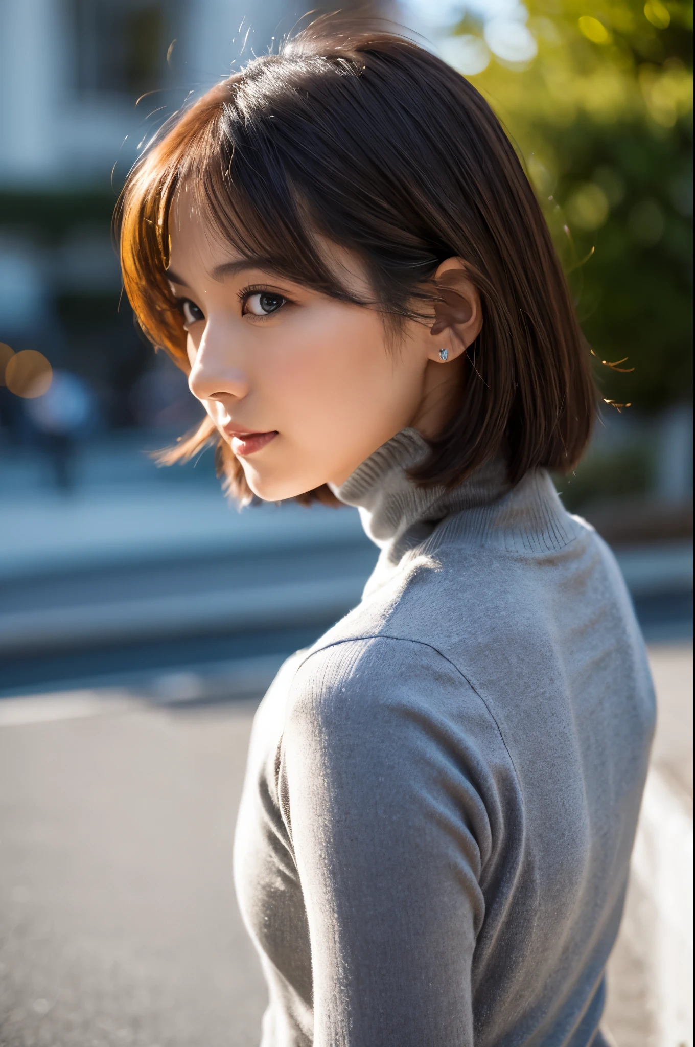 ((top-quality, in 8K, masterpiece:1.3)), Beautiful Japanese woman, perfect body:1.4, Slim abs:1.2, ((Medium Hair, straight haired:1.2)), (turtle neck:1.1), (a street:1.2), wetbody:1.5, Three-dimensional texture, A detailed eye, Brown hair, Very shiny hair, posterior view