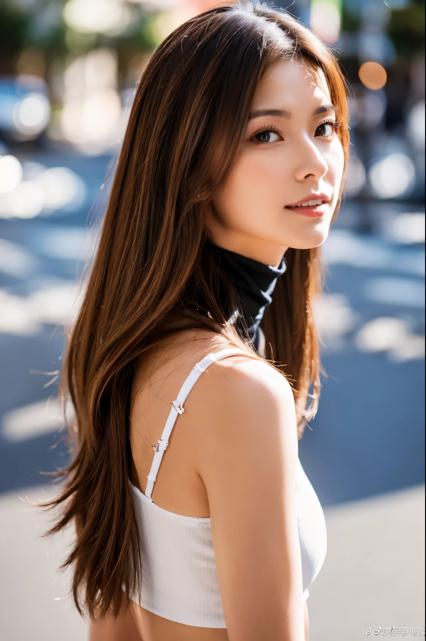 ((top-quality, in 8K, masterpiece:1.3)), Beautiful Japanese woman, perfect body:1.4, Slim abs:1.2, ((Medium Hair, straight haired:1.2)), (turtle neck:1.1), (a street:1.2), wetbody:1.5, Three-dimensional texture, A detailed eye, Brown hair, Very shiny hair, posterior view
