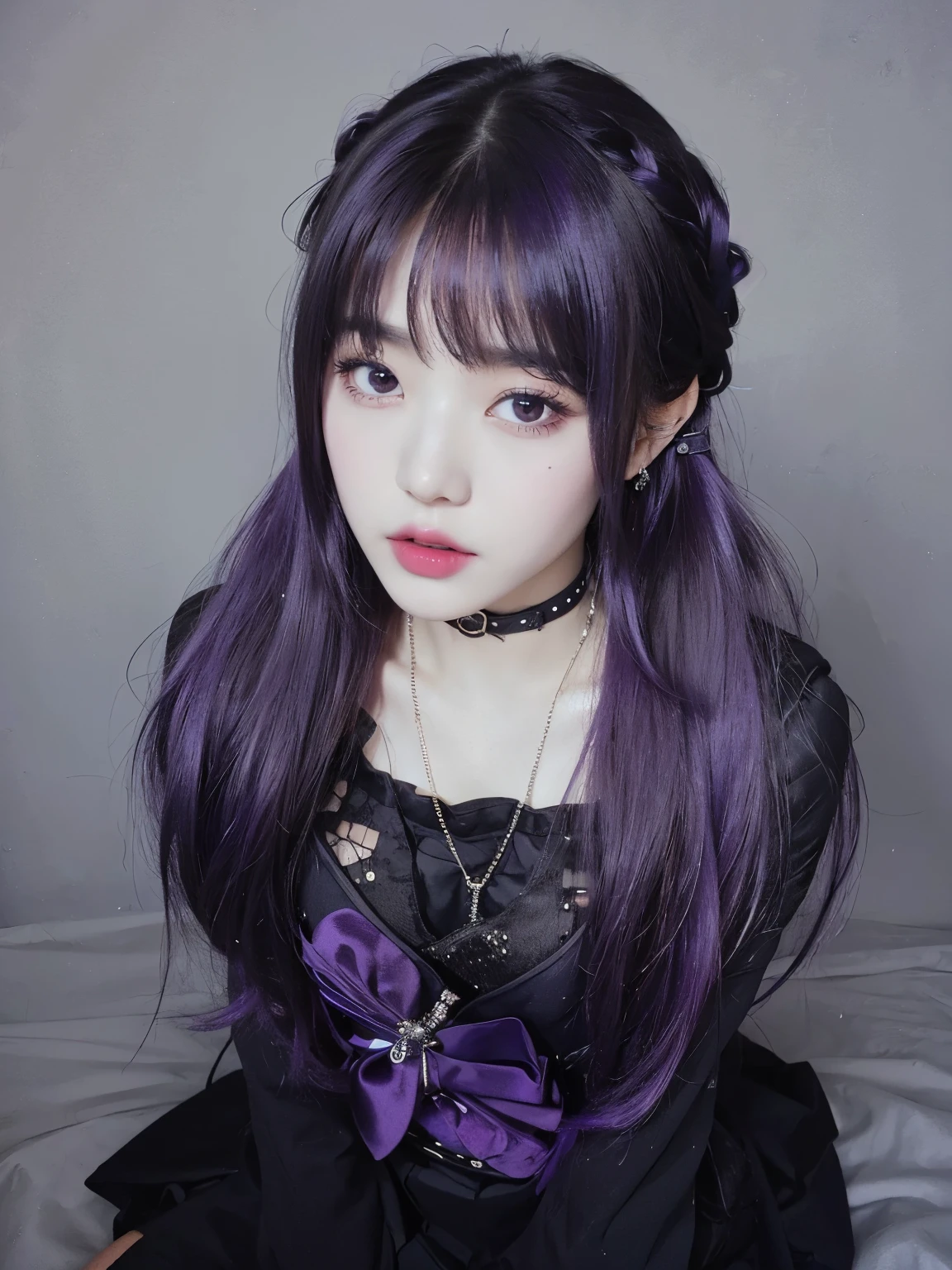 a close up of a girl with purple hair and a black dress, 1 7 - - old me goth girl, violet and black, 1 7 - year - goth gi black and purple hair, purple and black, goth girl, dark purple hair and cybernetics, black and purple, black hime cut hair, dreamy gothic girl, cruel korean goth girl, joy red velvet