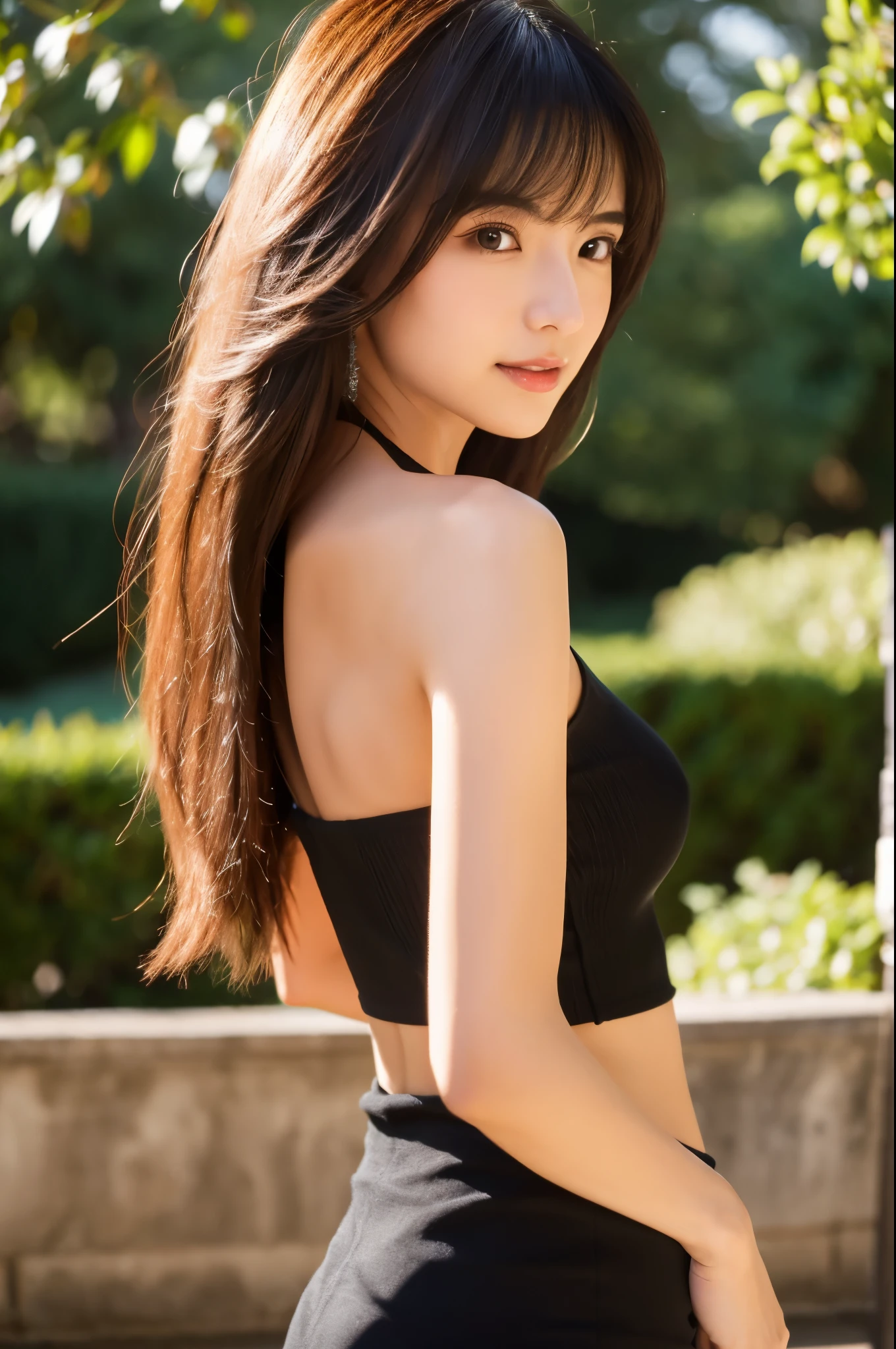 ((top-quality, in 8K, masterpiece:1.3)), Beautiful Japanese woman, perfect body:1.4, Slim abs:1.2, ((Medium Hair, straight haired:1.2)), (turtle neck:1.1), (a street:1.2), wetbody:1.5, Three-dimensional texture, A detailed eye, Brown hair, Very shiny hair, posterior view