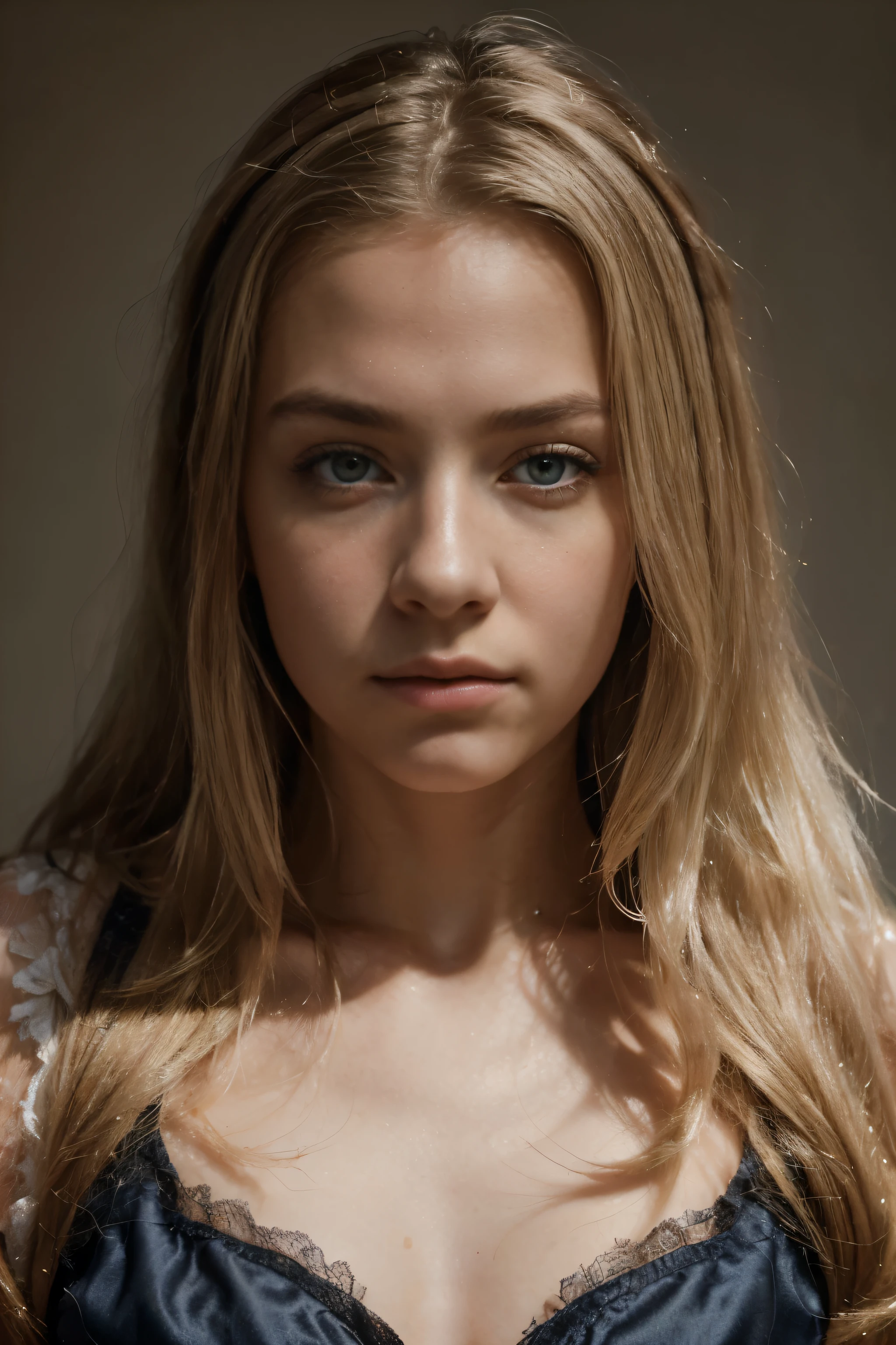 "(Mejor calidad,8k,ultra detallado,obra maestra:1.2),hermoso y estetico, hiperrealismo, Photography, retratos, adolescente, ojos grises, Cabello largo y rubio, sad expression, Luz tenue, Rhythmic gymnastics"