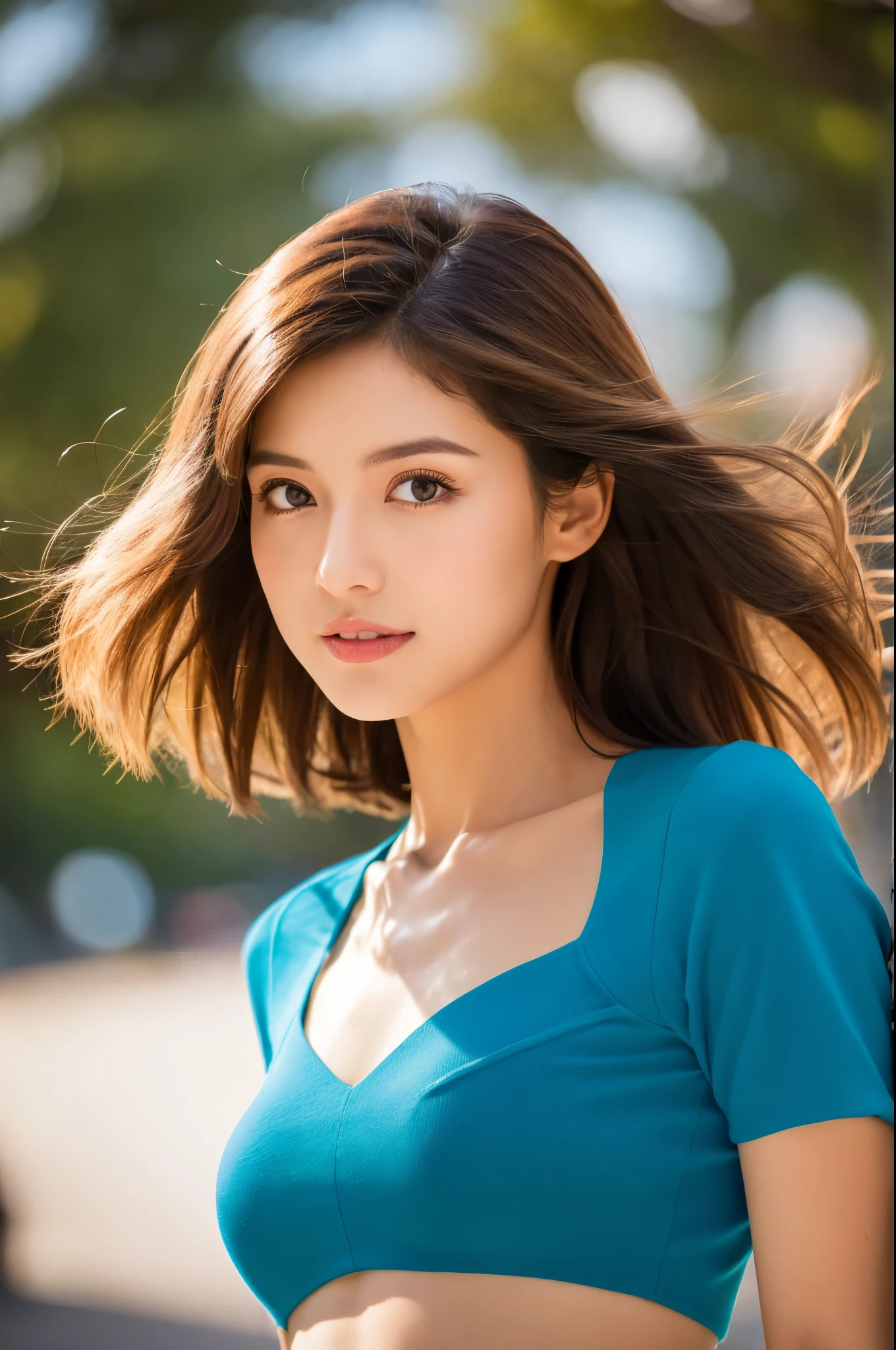 ((top-quality, in 8K, masterpiece:1.3)), Beautiful Japanese woman, perfect body:1.4, Slim abs:1.2, ((Medium Hair, straight haired:1.2)), (turtle neck:1.1), (a street:1.2), wetbody:1.5, Three-dimensional texture, A detailed eye, Brown hair, Very shiny hair, posterior view