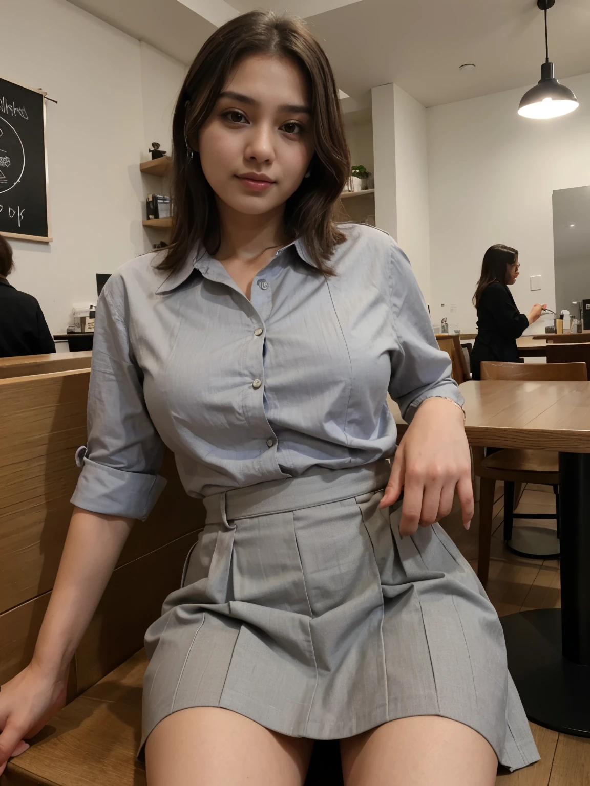 (extremely detailed, best quality) Zahra Ayu 23 years old 160cm 55kg wearing grey button shirt, grey skirt, short wavy hair. Bright face. Sitting in a chair inside coffee shop. Big breast jumbo. bright photo.