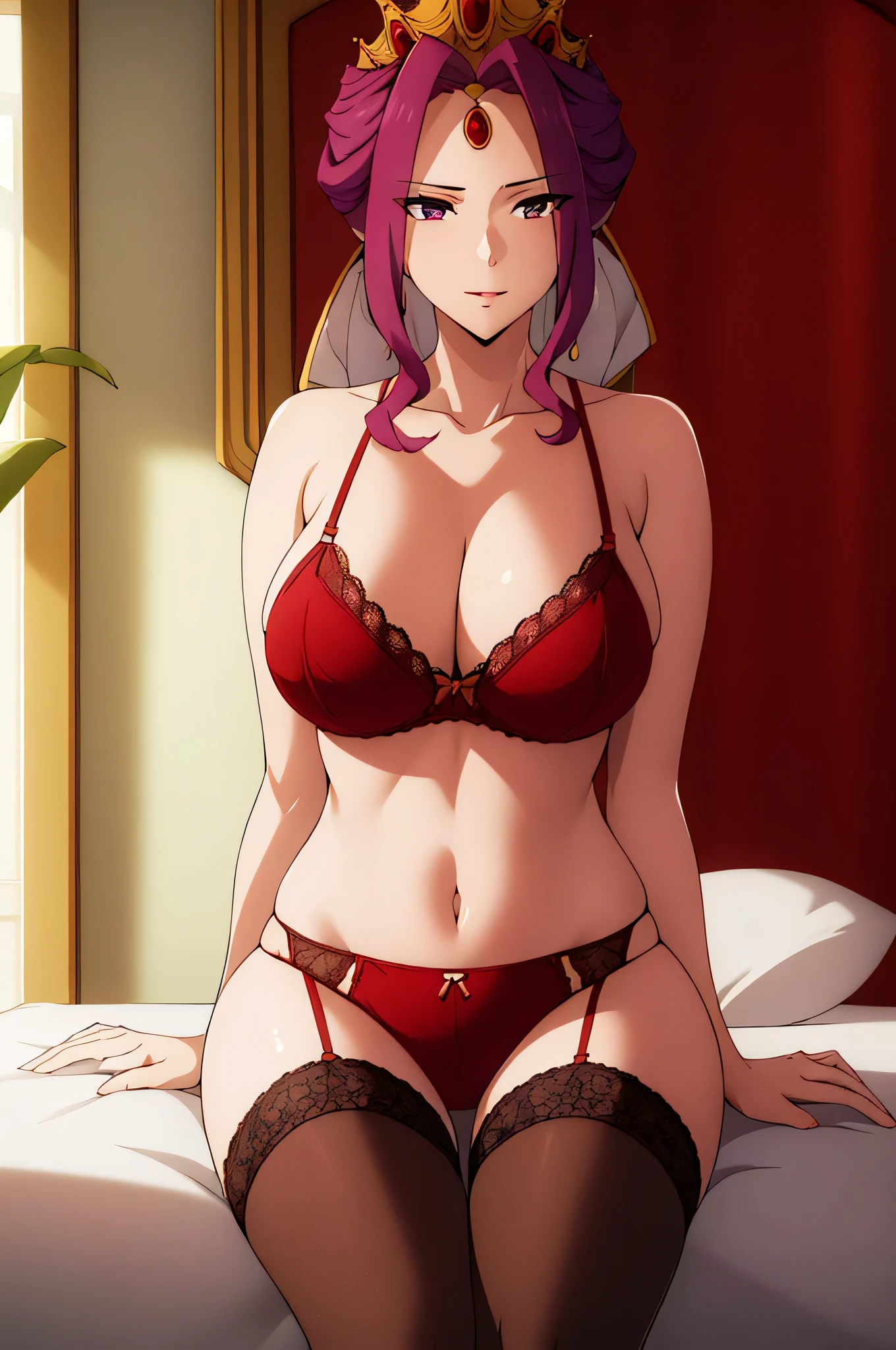 indoors,bedroom,
sitting on bed,
bare shoulders, barefoot, cleavage, collarbone,lace,red lingerie,navel,red panties, bare arms,
see-through,thighs,red underwear, garter straps,thighhighs,red bra,garter belt with red pantyhose,
purple_hair, purple_eyes, Bangs,jewelry, earrings,golden crown,
1 girl, 20yo,Young female,Beautiful Finger,Beautiful long legs,Beautiful body,huge breast,
Beautiful Nose,Beautiful character design, perfect eyes, perfect face,expressive eyes,
looking at viewer, in the center of the image,(Upper_body),(Focus on her face),
official art,extremely detailed CG unity 8k wallpaper, perfect lighting,Colorful, Bright_Front_face_Lighting,shiny skin,
(masterpiece:1.0),(best_quality:1.0), ultra high res,4K,ultra-detailed,
photography, 8K, HDR, highres, absurdres:1.2, Kodak portra 400, film grain, blurry background, bokeh:1.2, lens flare, (vibrant_color:1.2)
(Beautiful,Breasts), (beautiful_face:1.5),(narrow_waist),