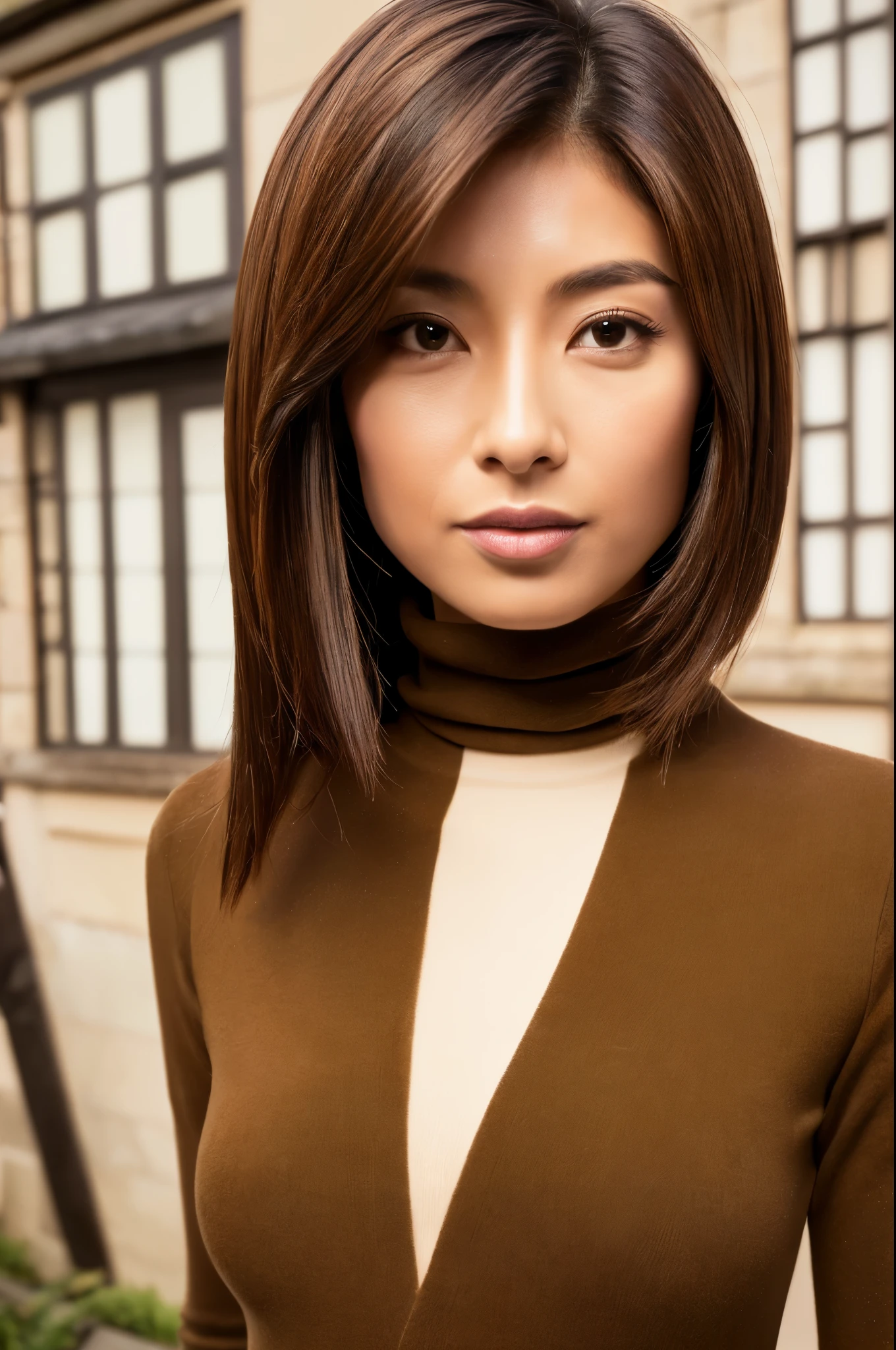 ((top-quality, in 8K, masterpiece:1.3)), Beautiful Japanese woman, perfect body:1.4, Slim abs:1.2, ((Medium Hair, straight haired:1.2)), (turtle neck:1.1), (a street:1.2), wetbody:1.5, Three-dimensional texture, A detailed eye, Brown hair, Very shiny hair, posterior view