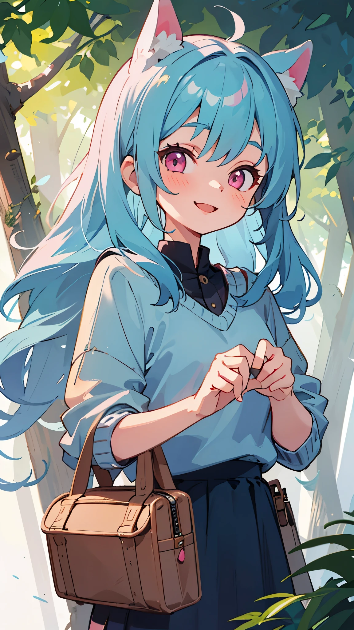  girl、light blue hair、dog ears、pink eyes、smile、small breasts、skirt、Colorful knitwear、in the forest、morning、upper body up、I have a lunch box