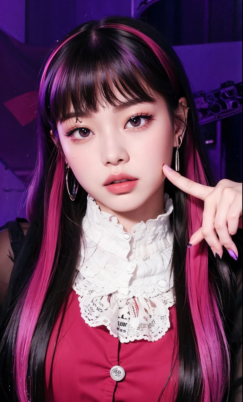 a close up of a girl with purple hair and a black dress, 1 7 -  - old me goth girl, violet and black, 1 7 - year - goth gi black and purple hair, purple and black, goth girl, dark purple hair and cybernetics, black and purple, black hime cut hair, dreamy gothic girl, cruel korean goth girl, jennie blackpink