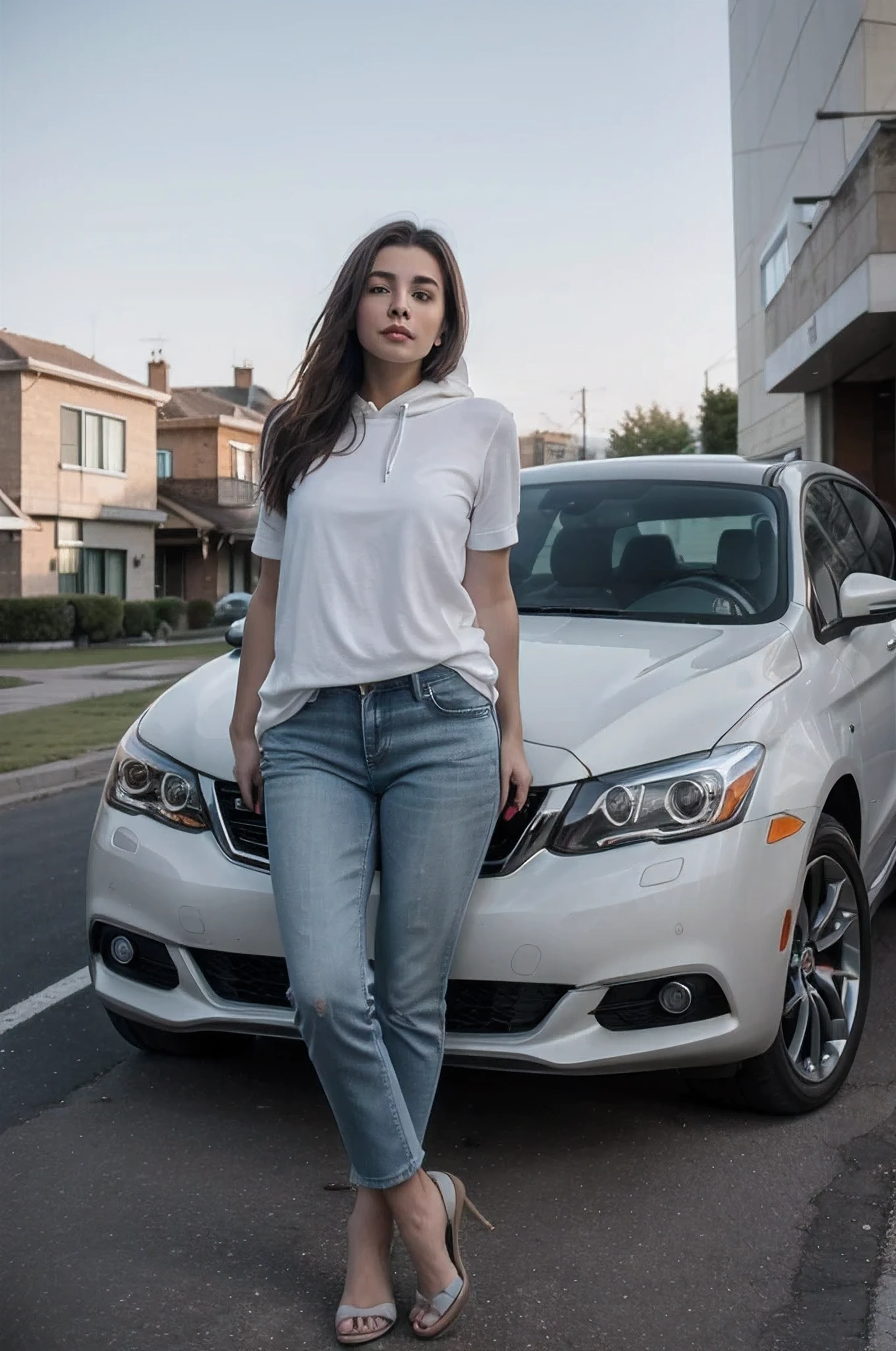 The photograph captures an outdoor scene with a youthful woman as the central figure, poised for a picture. She is clad in casual attire, featuring a crisp white shirt and stylish blue jeans, enhancing her chic appearance. Her feet are adorned with fashionable footwear that adds to her overall ensemble.
Behind her, a luxurious white car is parked, its sleek design and glossy finish reflecting the sky overhead. The vehicle is a prominent part of this image, with its gleaming hood, precisely designed wheel, and shiny tires contributing to its grandeur. It appears to be a personal luxury car, a symbol of status and elegance. The woman leans casually on the car, creating an interesting dynamic between the subjects.
The sky above is visible in the background, adding depth to the image and contrasting beautifully with the car and the woman's attire. The ground beneath them further anchors the scene, creating a sense of place. This photograph is a perfect blend of fashion, automotive design, and outdoor aesthetics, making it a visually engaging piece.