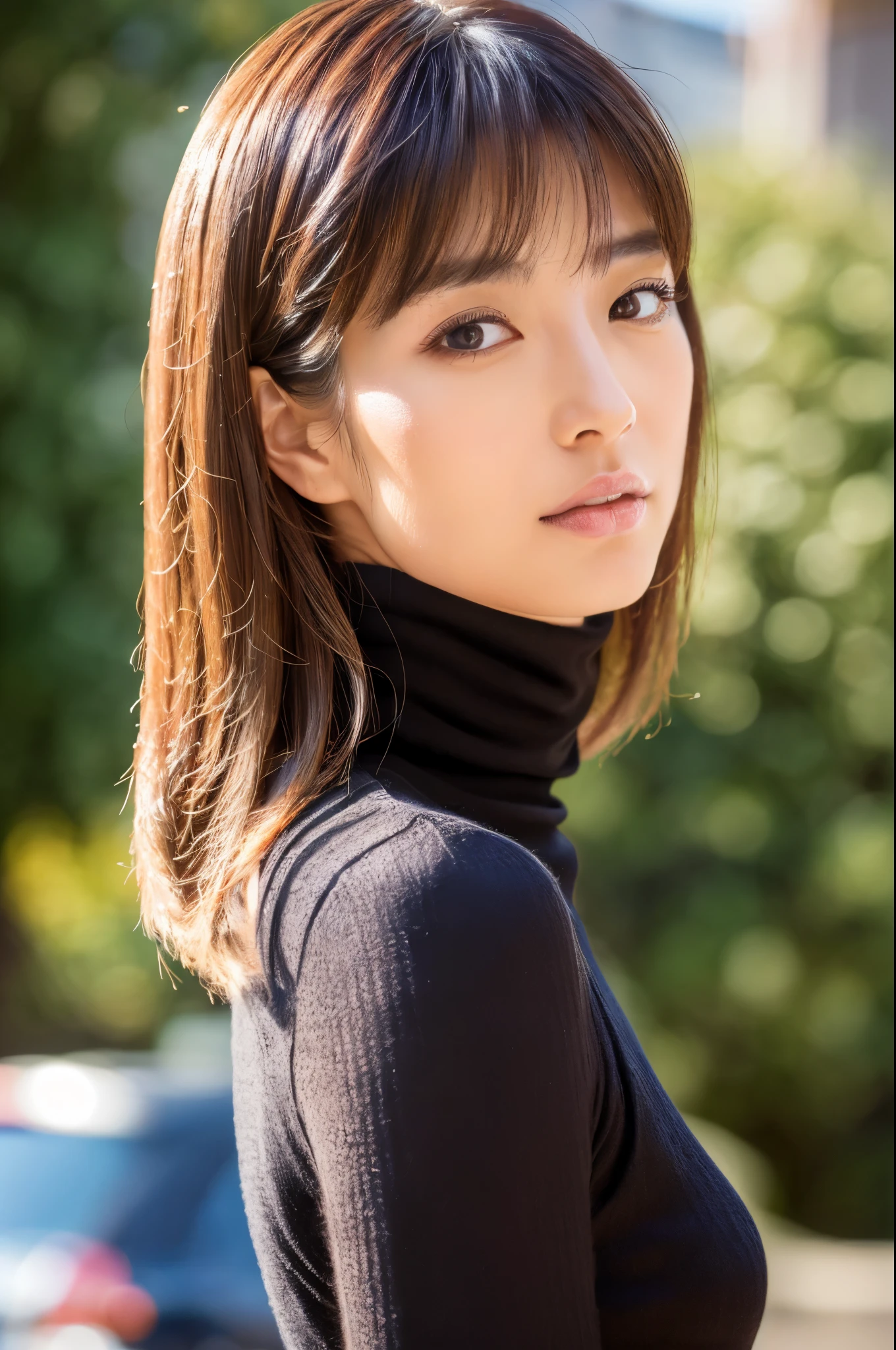 ((top-quality, in 8K, masterpiece:1.3)), Beautiful Japanese woman, perfect body:1.4, Slim abs:1.2, ((Medium Hair, straight haired:1.2)), (turtle neck:1.1), (a street:1.2), wetbody:1.5, Three-dimensional texture, A detailed eye, Brown hair, Very shiny hair, posterior view