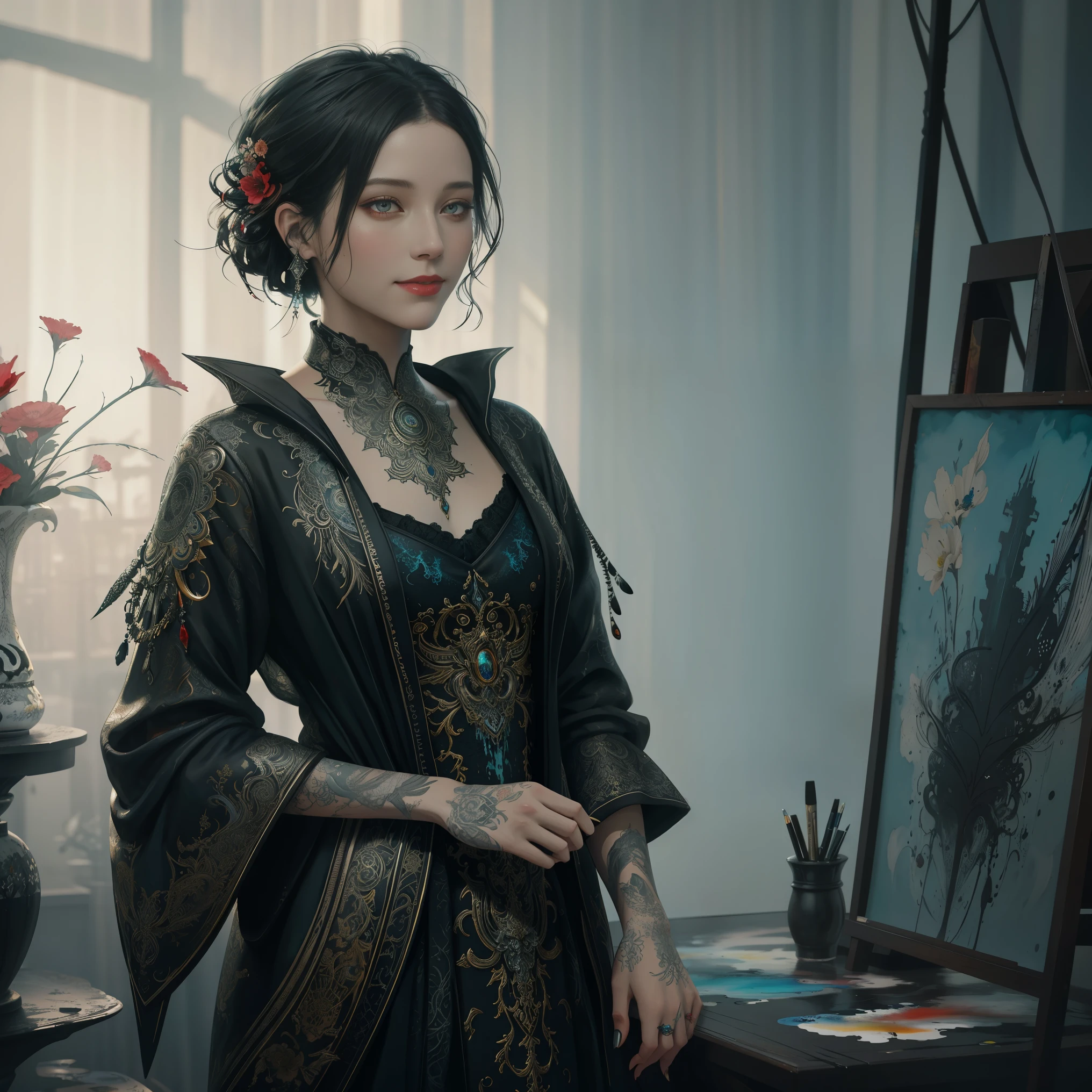 Colorful beautiful woman: Black ink flow: 8k resolution photorealistic masterpiece: by Aaron Horkey and Jeremy Mann: intricately detailed fluid gouache painting: by Jean Baptiste Mongue: calligraphy: acrylic: watercolor art, professional photography, natural lighting, volumetric lighting maximalist photoillustration: by marton bobzert: 8k resolution concept art intricately detailed, complex, elegant, expansive, fantastical, short hair, updo, bloody-red eyes, ironic smile