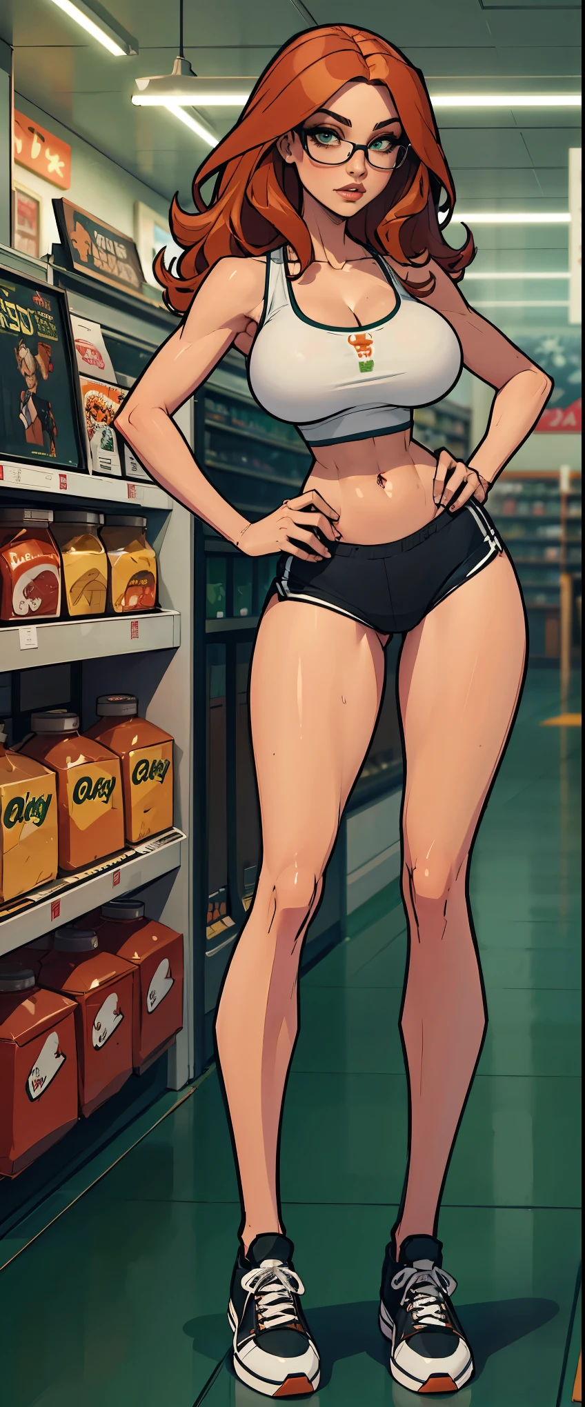 1 woman, wavy orange hair, green eyes , sly face , glasses , white tank top , Black shorts , abdomen, big breasts , Long legs , stand on your hips... , canvas shoes , Convenience store ·