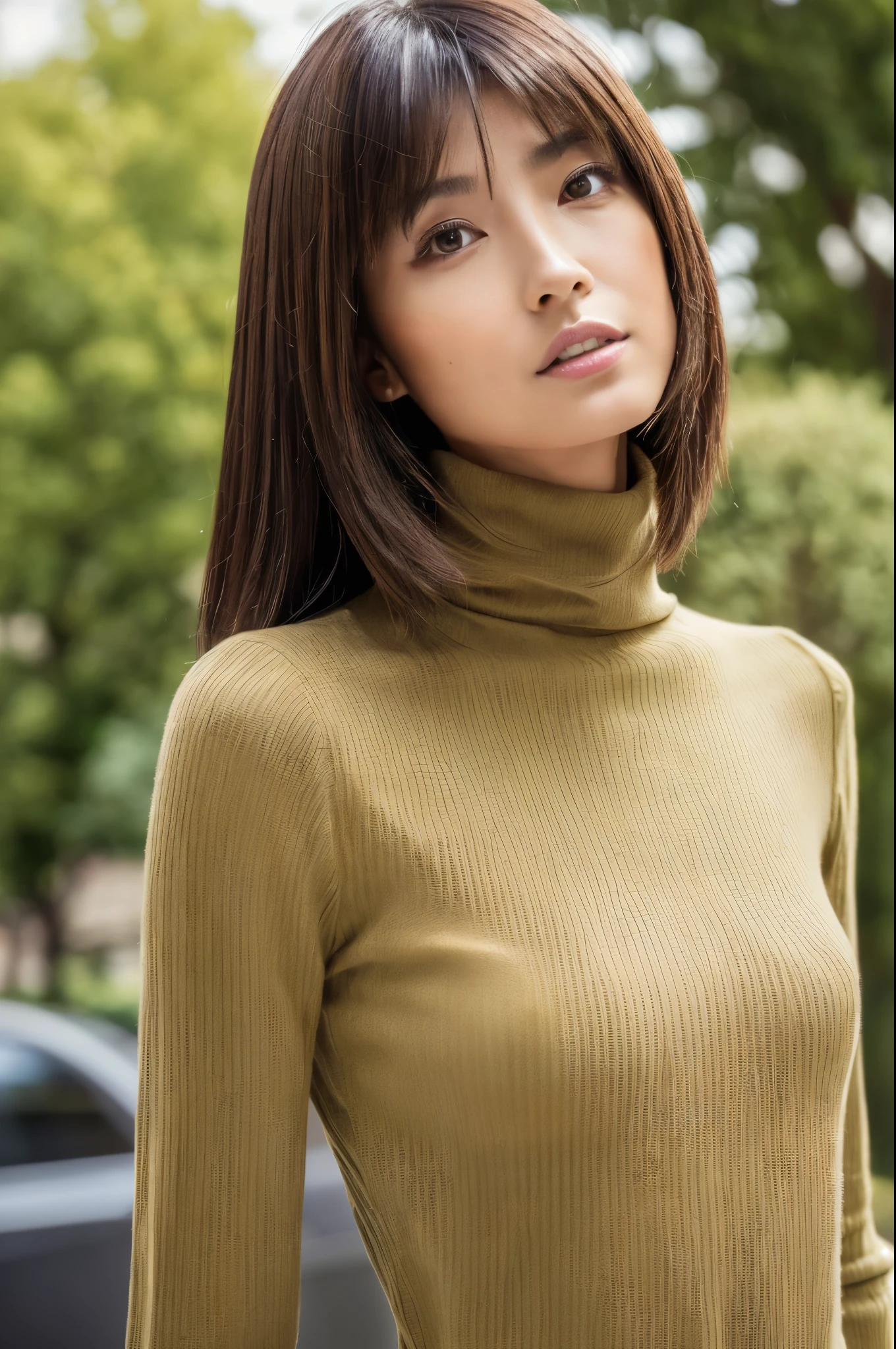 ((top-quality, in 8K, masterpiece:1.3)), Beautiful Japanese woman, perfect body:1.4, Slim abs:1.2, ((Medium Hair, straight haired:1.2)), (turtle neck:1.1), (a street:1.2), wetbody:1.5, Three-dimensional texture, A detailed eye, Brown hair, very thin waist, posterior view