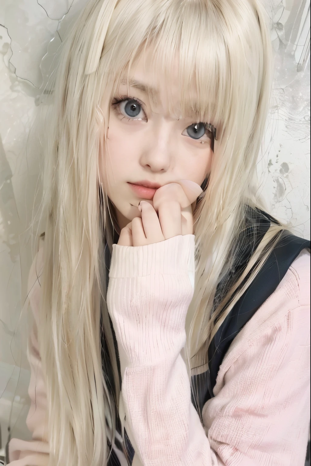 Blonde girl with long hair and pink sweater posing for a photo., peinado de corte hime blanco, ulzzang, bella delfina, chica anime en la vida real, linda cara de anime natural, pelo largo y blanco y flequillo, ( ( parada cuatro # ) ), con el pelo largo y blanco, shikami, Lalisa Manobal, linda chica kawaii, el corte de hime